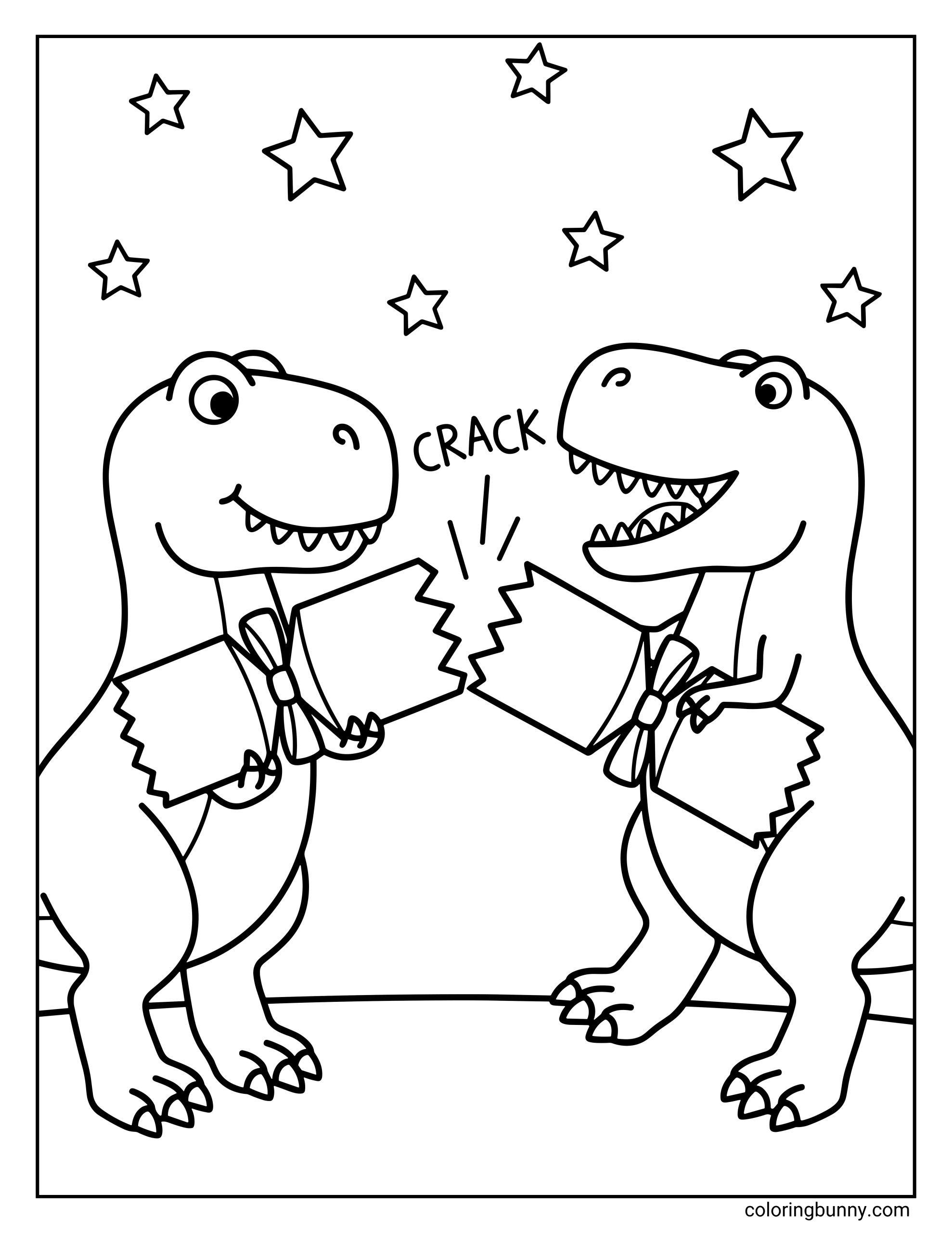 A simple Christmas coloring page where two cheerful T-Rex dinosaurs pull a Christmas cracker together under a sky full of stars.