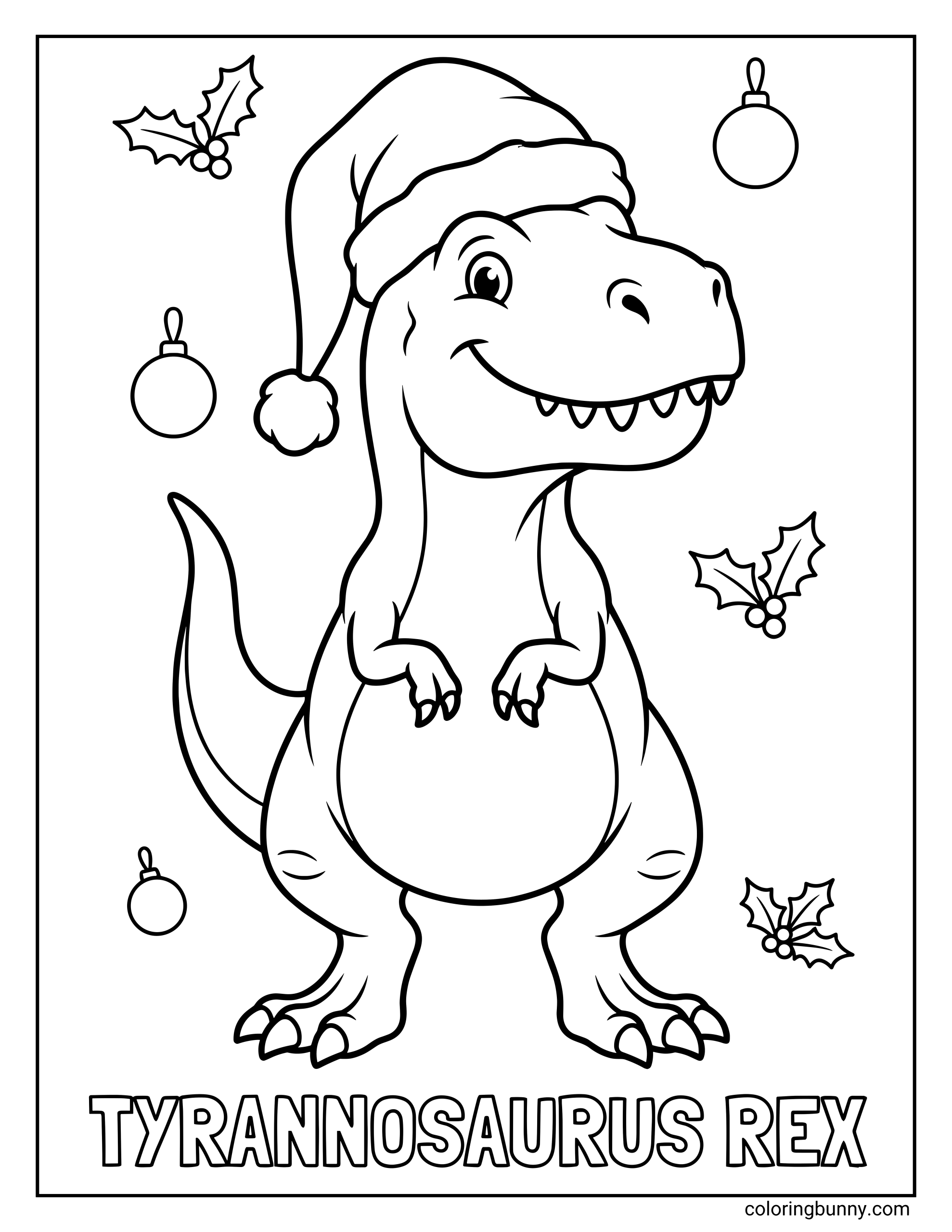 A simple Tyrannosaurus Rex dinosaur Christmas coloring page where a cheerful T-Rex wearing a Santa hat stands surrounded by ornaments and holly. The word 'TYRANNOSAURUS REX' appears below.