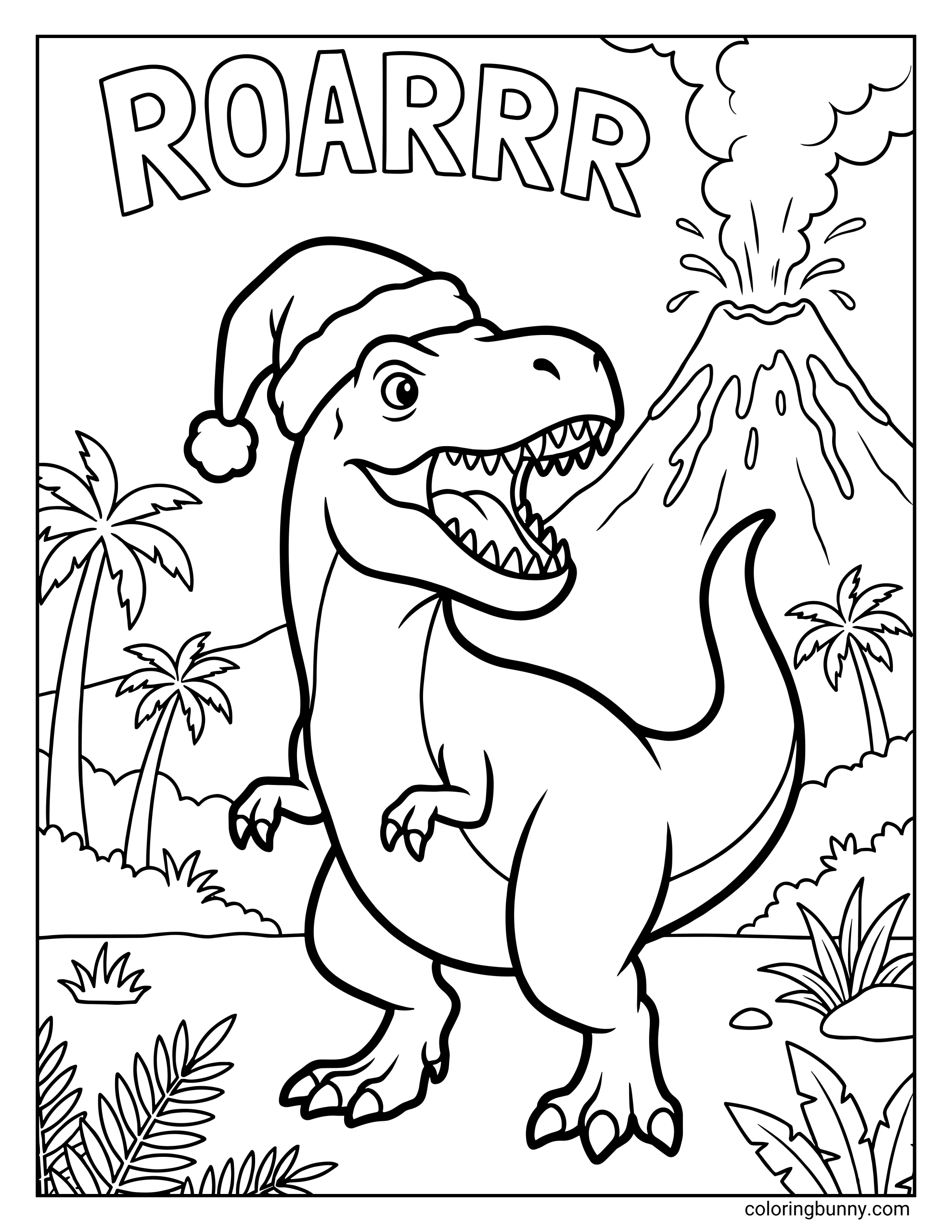 A simple Tyrannosaurus Rex Christmas coloring page where a roaring T-Rex wearing a Santa hat stands in a prehistoric jungle with a volcano erupting in the background.