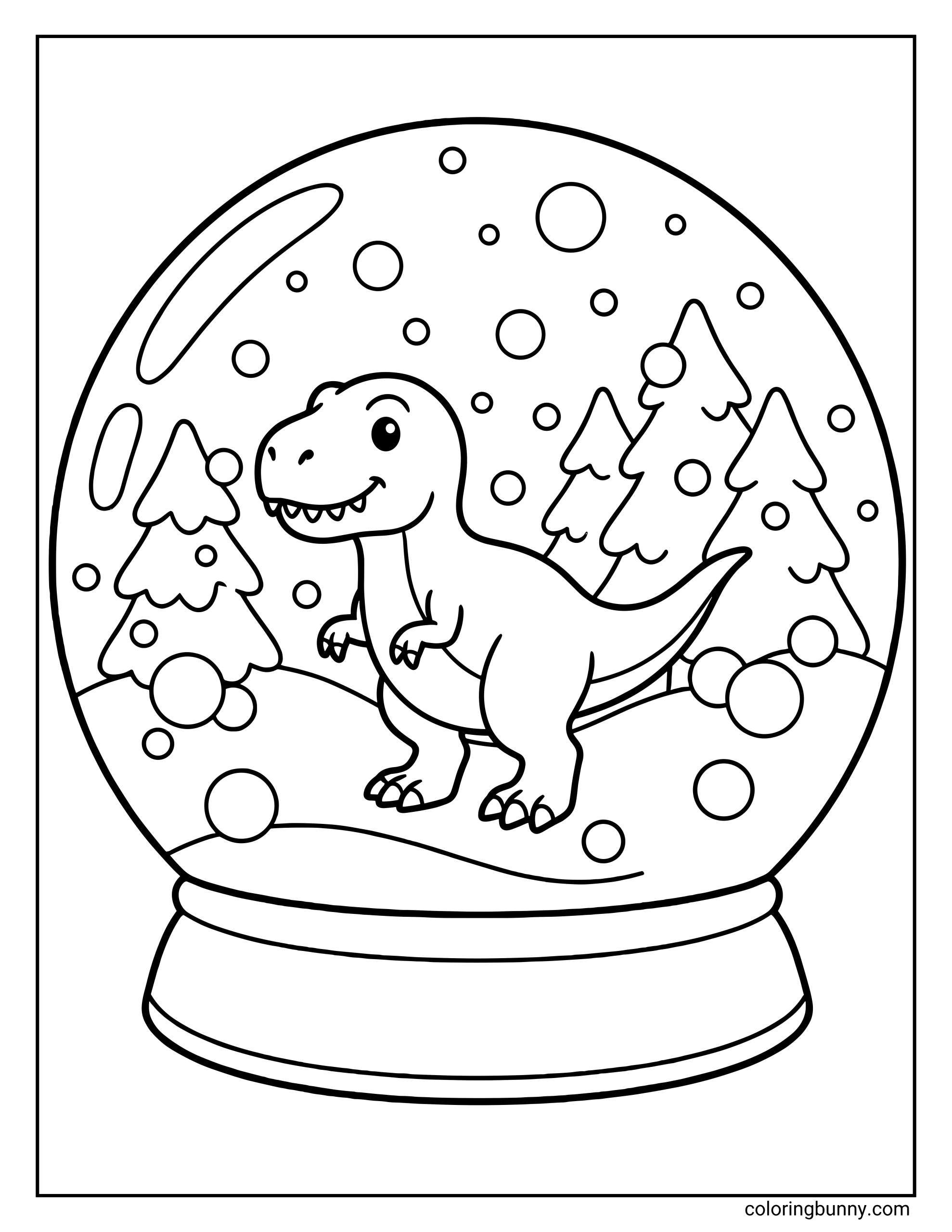 A simple Tyrannosaurus Rex dinosaur Christmas coloring page where a cute T-Rex stands inside a snow globe surrounded by snowy trees and falling snow.