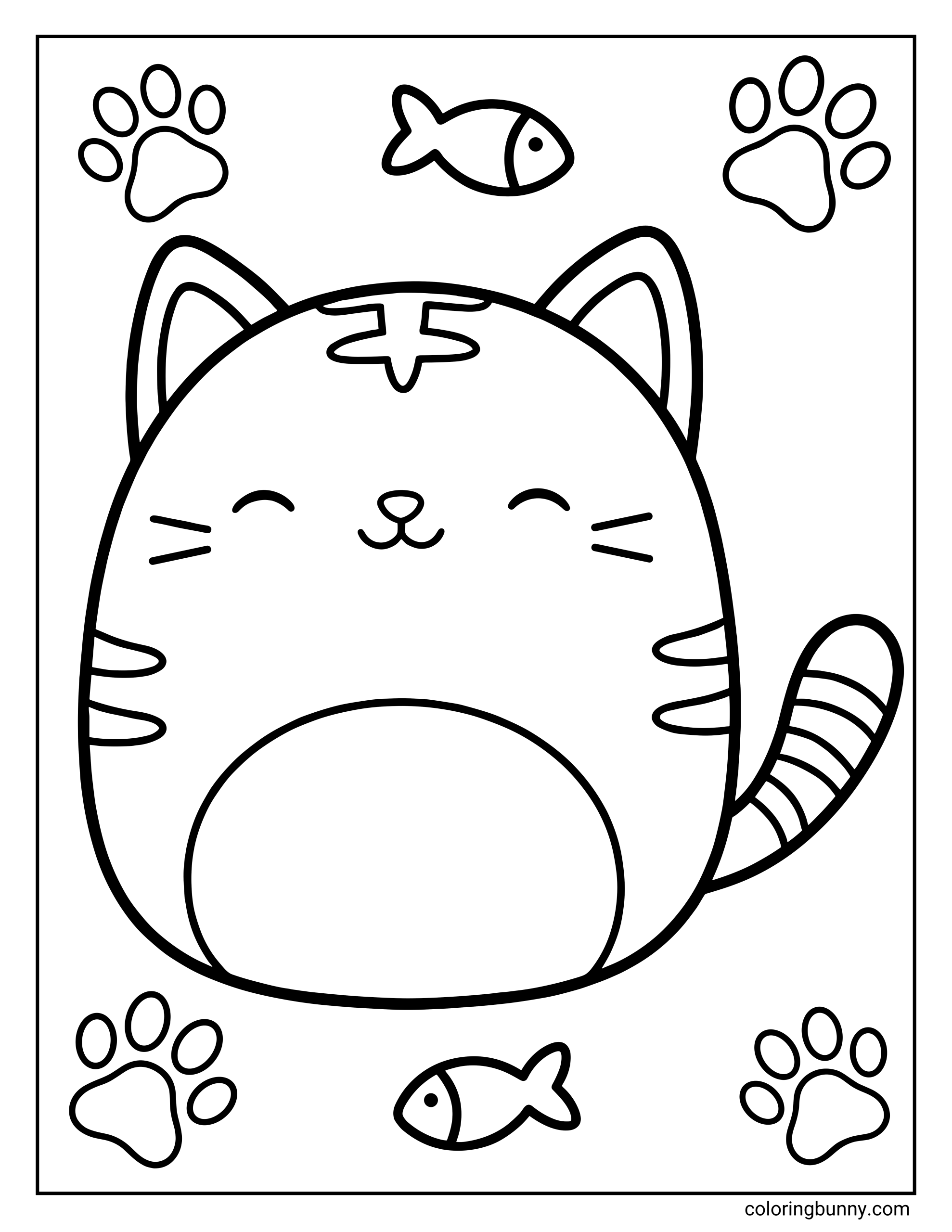 A simple Squishmallow cat coloring page outline of Tally the Tabby Cat with closed, happy eyes, striped tail and cheeks, surrounded by playful paw prints and little fish icons.