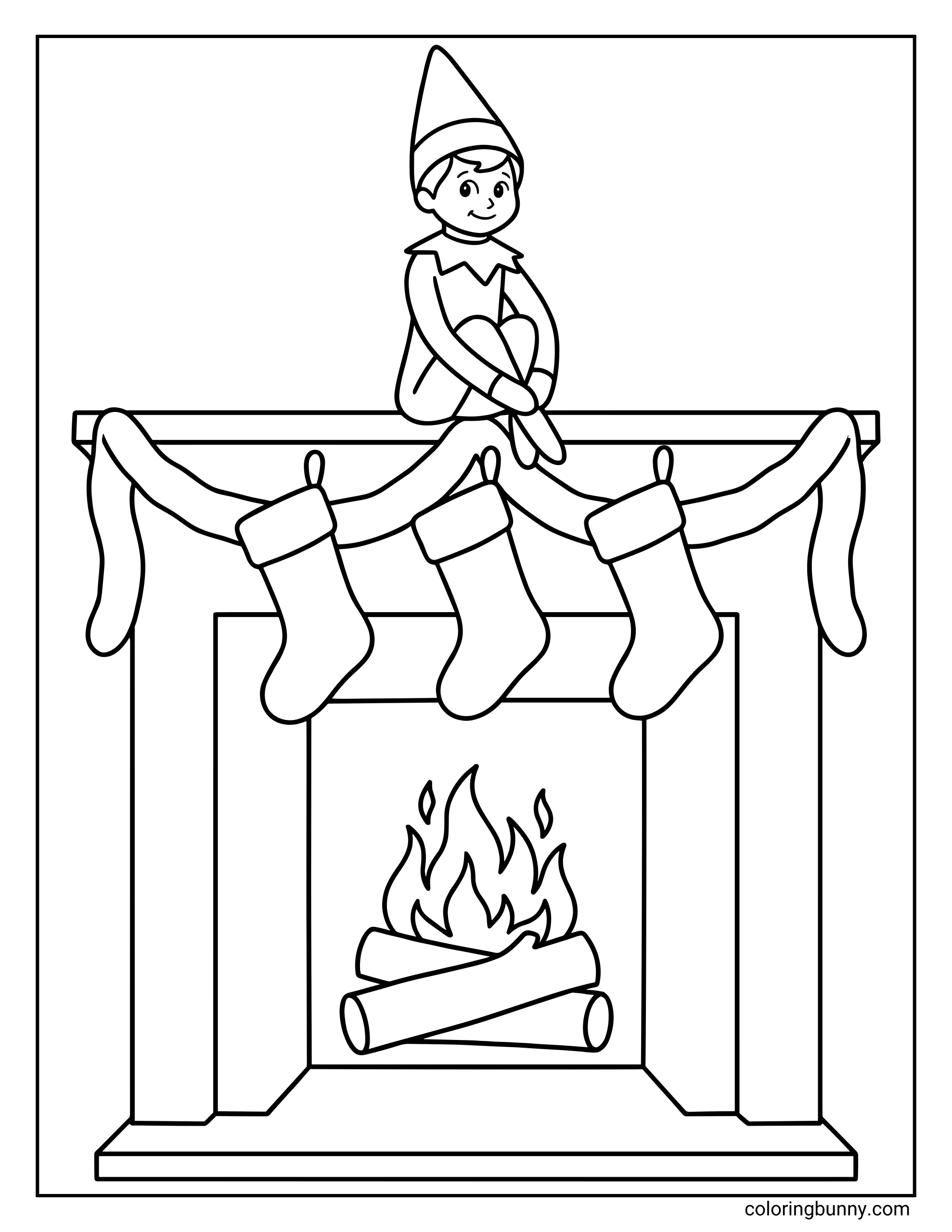 The Elf on the Shelf coloring page of a Scout Elf sitting quietly on a fireplace mantel decorated with stockings and garland above a warm crackling fire.