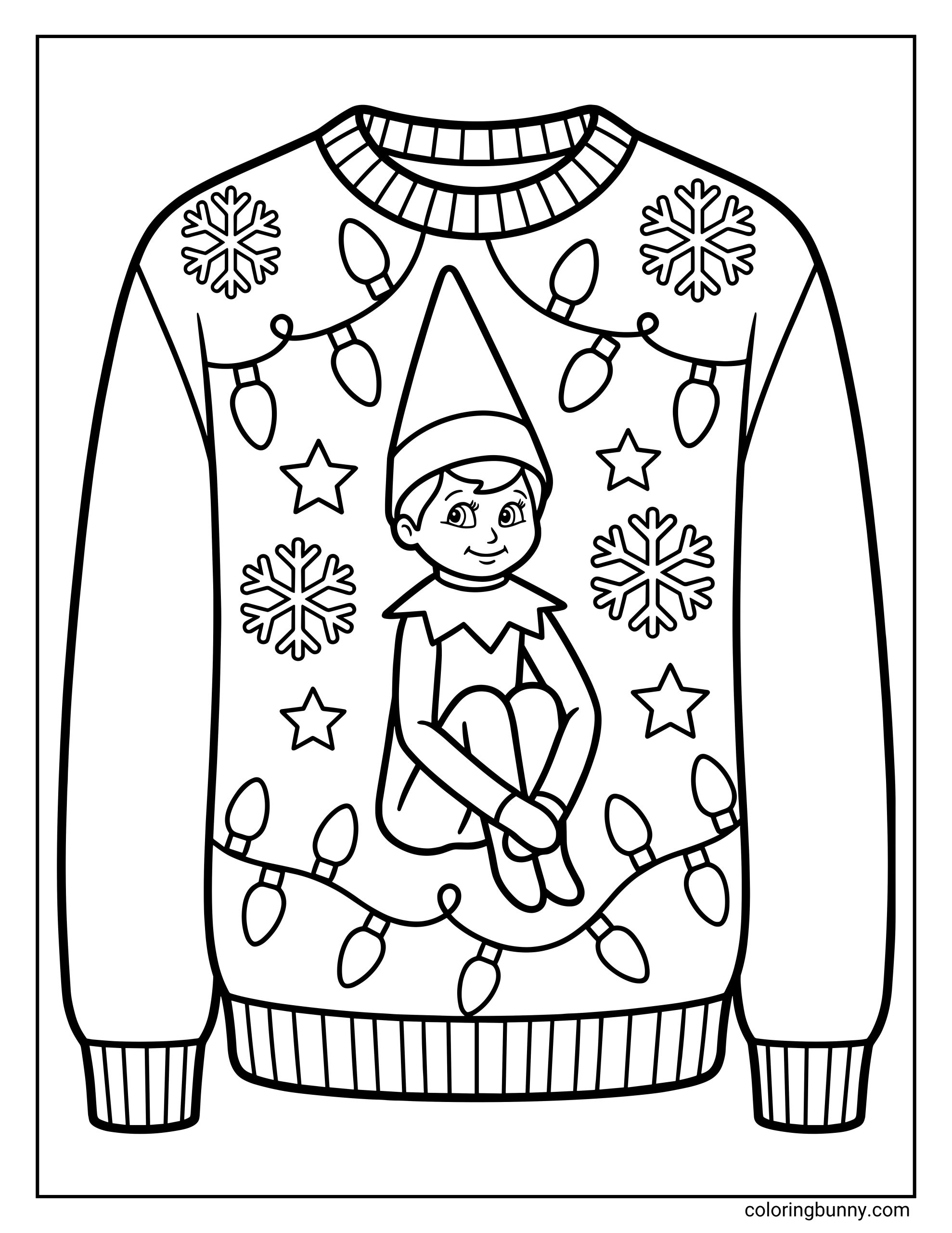 The Elf on the Shelf coloring page of a festive Christmas sweater featuring a Scout Elf sitting in the center, surrounded by snowflakes, stars, and Christmas lights as they quietly observe before reporting back to Santa.