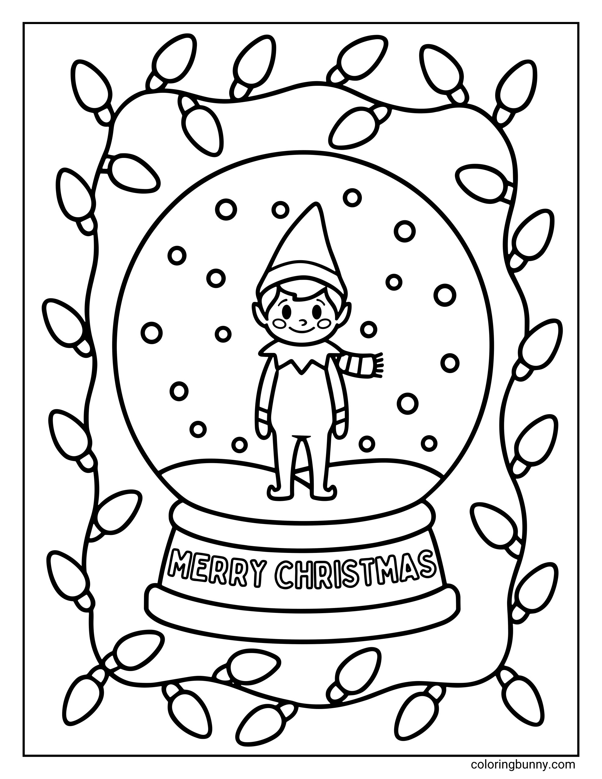 The Elf on the Shelf coloring page of the Scout Elf standing inside a snow globe wrapped in Christmas lights, surrounded by falling snow, looking out as if keeping watch before reporting back to Santa.