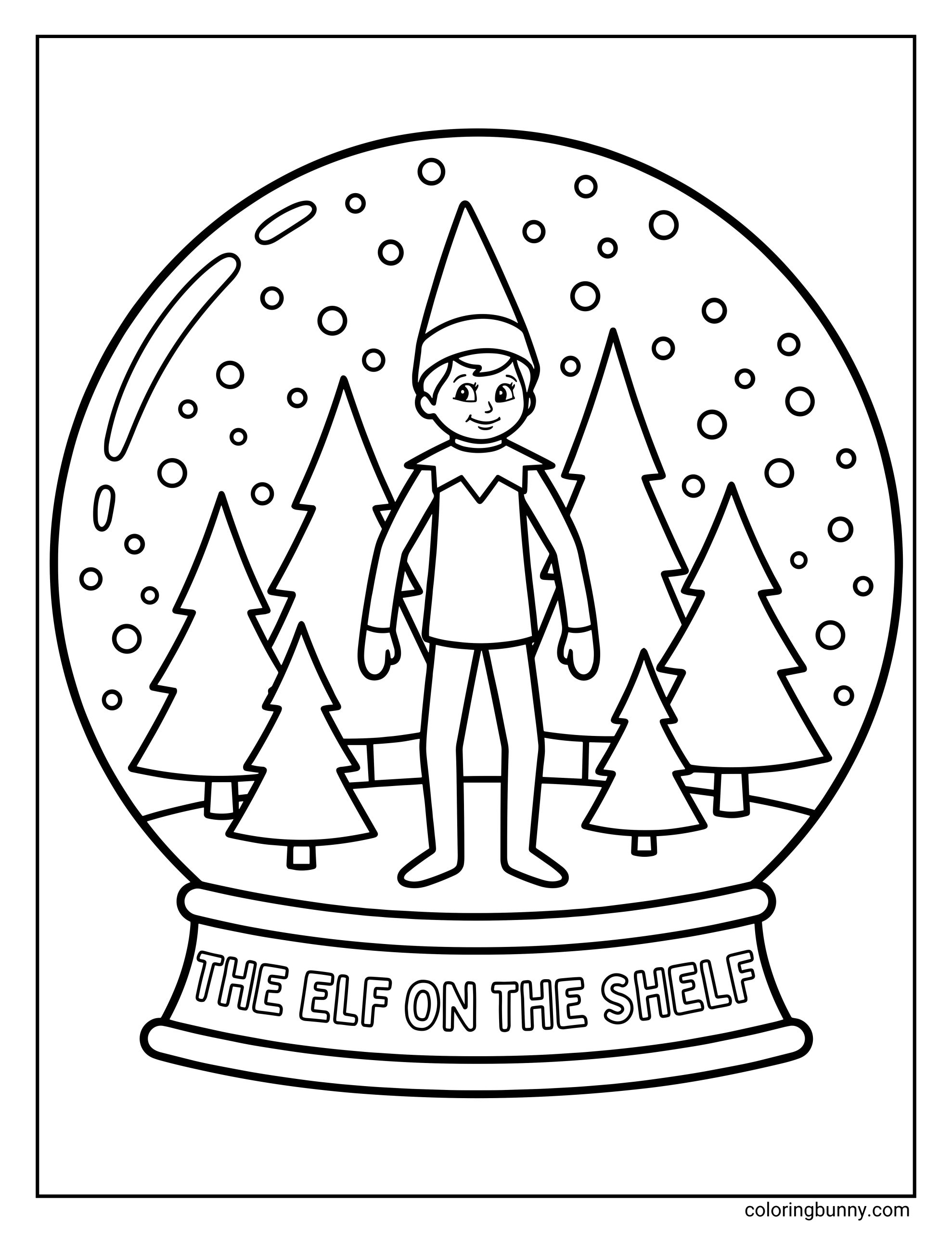 The Elf on the Shelf coloring page of the Scout Elf standing inside a Christmas snow globe surrounded by snowy pine trees, keeping watch before returning to the North Pole to report to Santa.