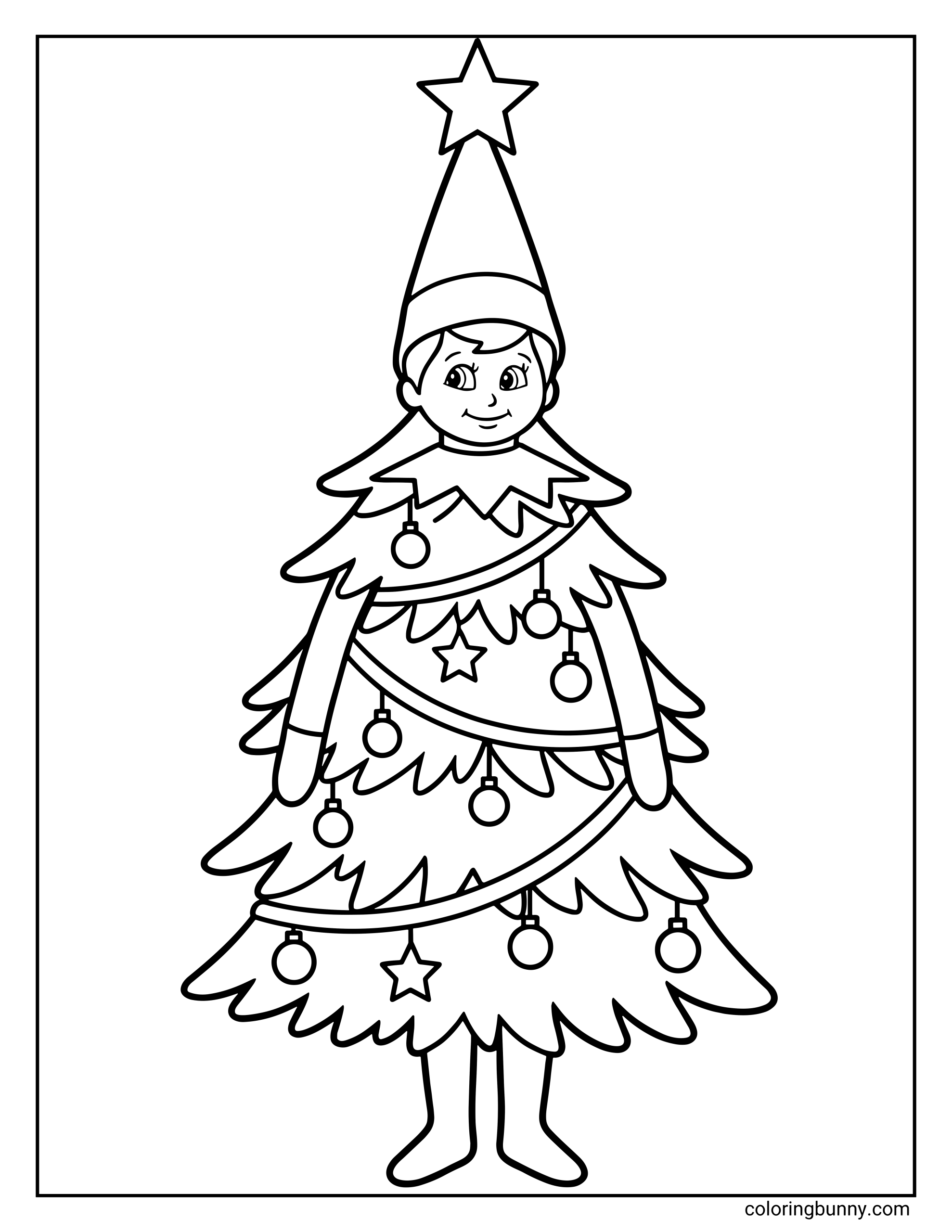 The Elf on the Shelf coloring page of the Elf dressed as a Christmas tree, complete with garland, ornaments, and a star-topped hat, hiding in plain sight as they get ready to report back to Santa.