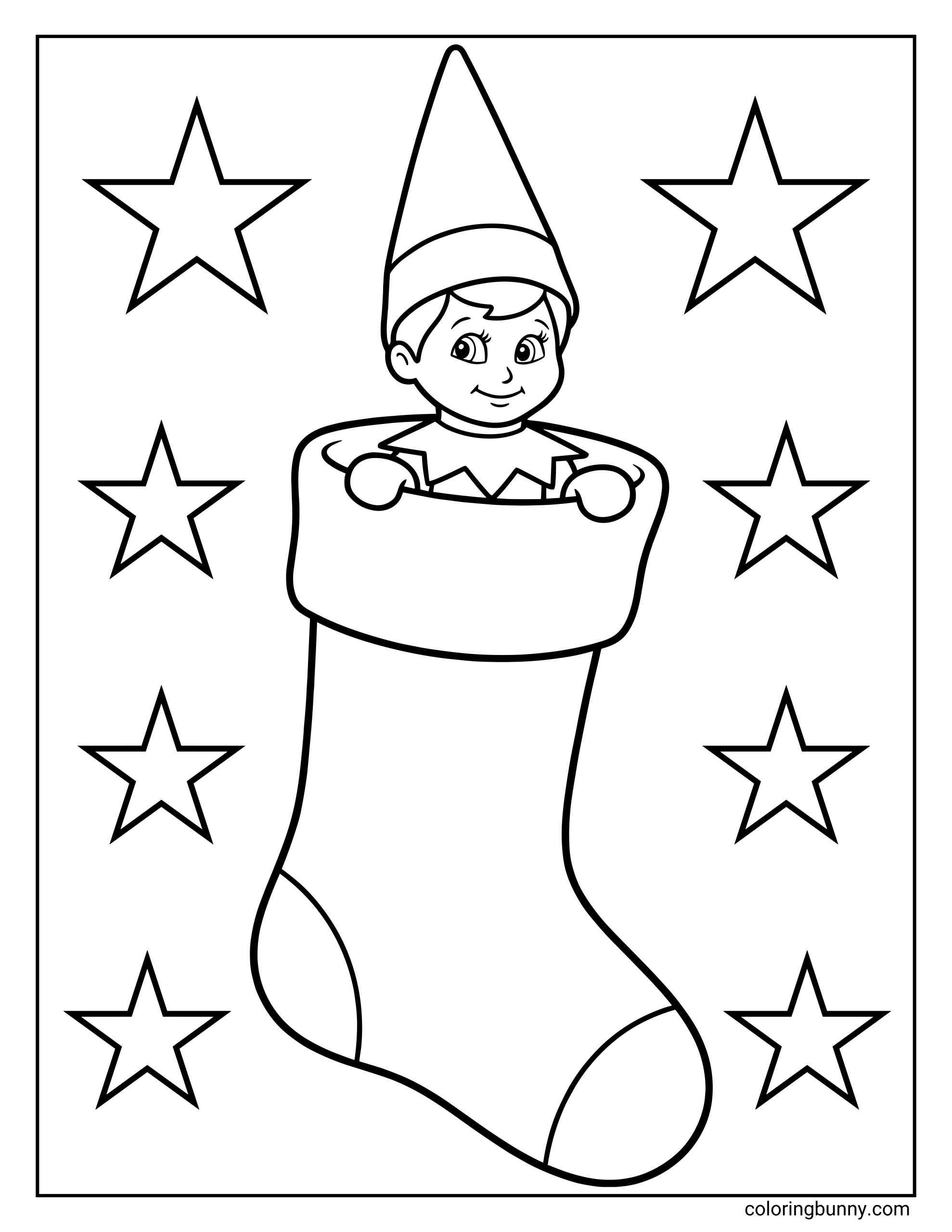 The Elf on the Shelf coloring page of a Scout Elf peeking out from inside a Christmas stocking, surrounded by stars, watching closely as if ready to report every festive moment back to Santa.