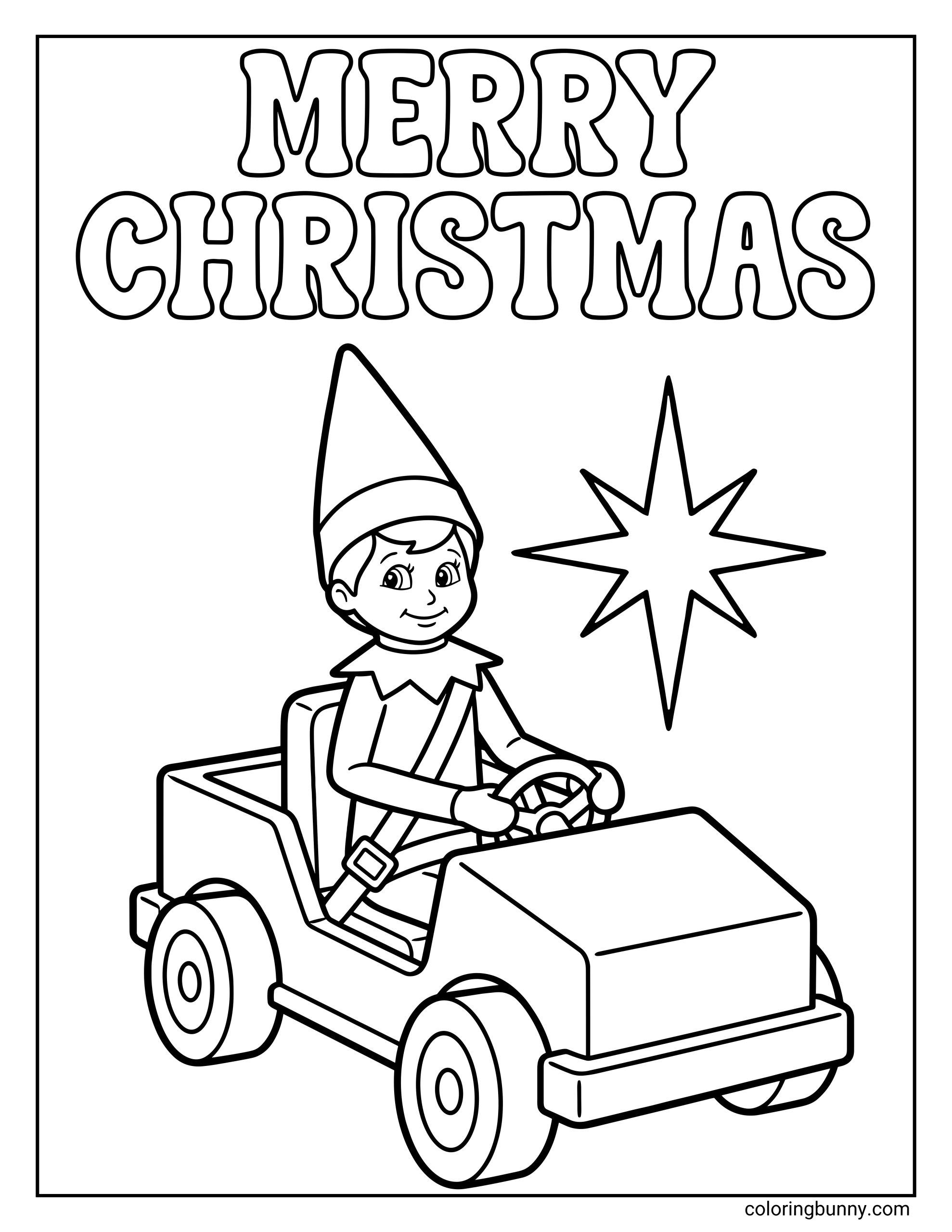 The Elf on the Shelf coloring page of a Scout Elf driving a little toy car under the words “Merry Christmas,” with a bright star shining beside them.