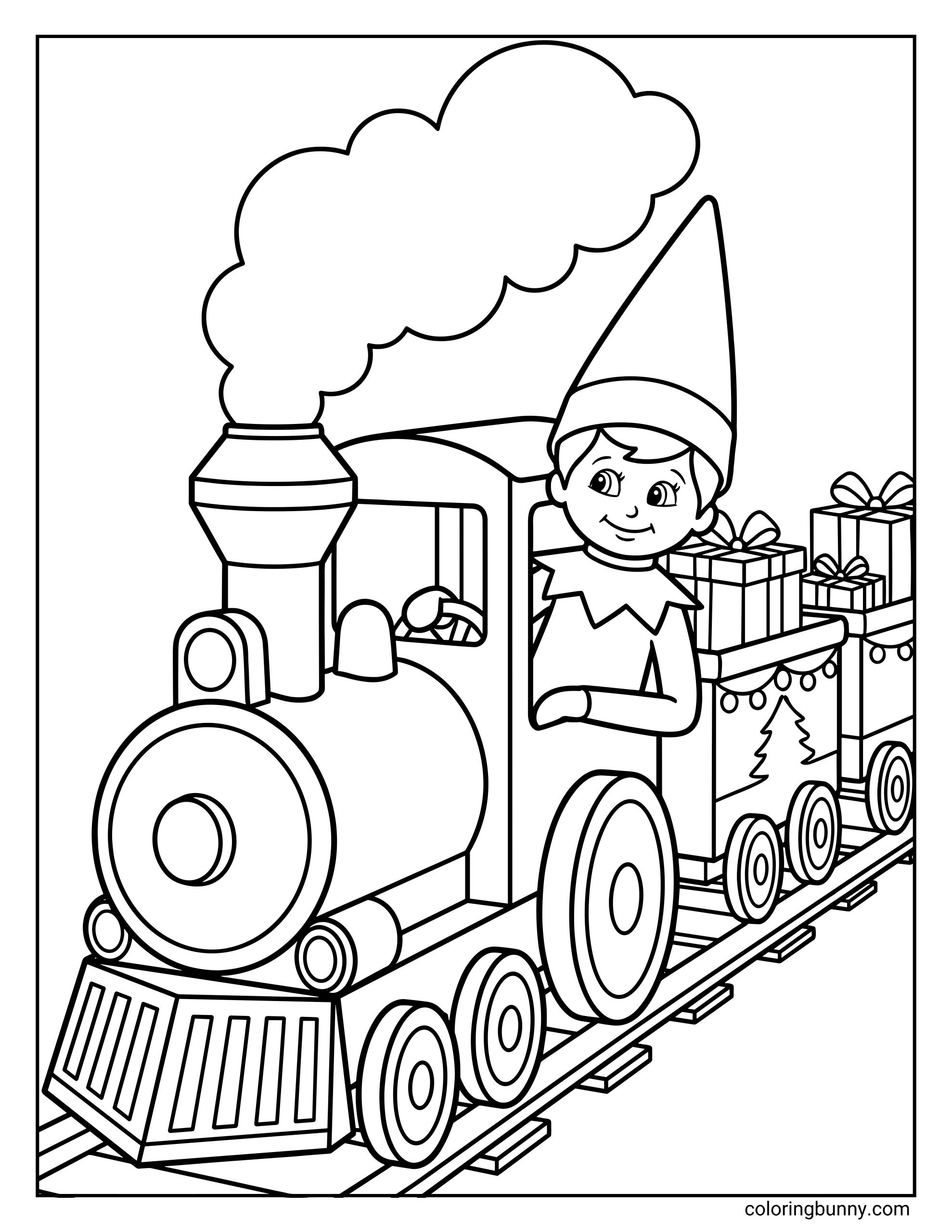 The Elf on the Shelf coloring page of a Scout Elf riding a Christmas train filled with presents, with steam billowing from the engine.