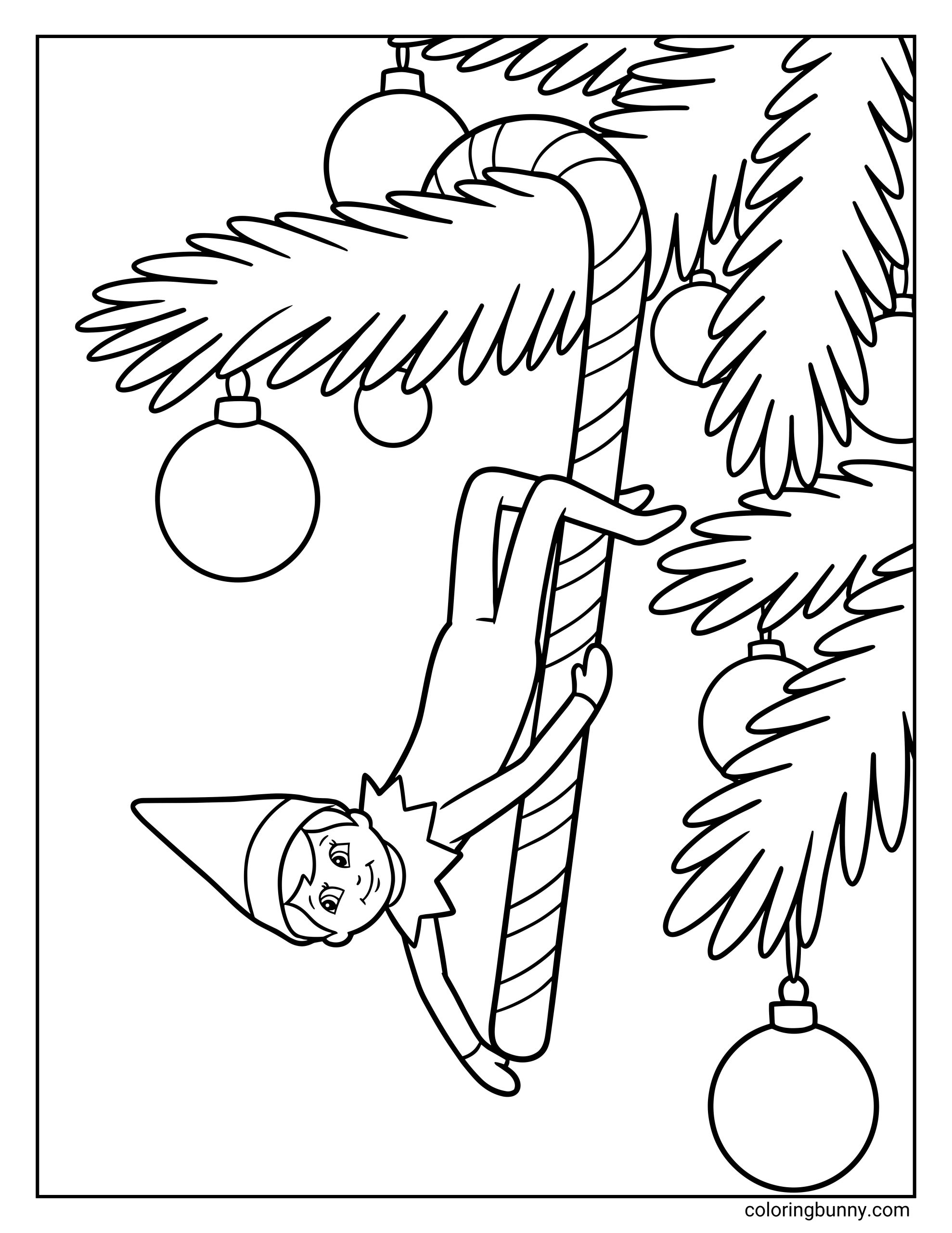 The Elf on the Shelf coloring page of a Scout Elf hanging playfully from a giant candy cane from a Christmas tree branch with round ornaments.