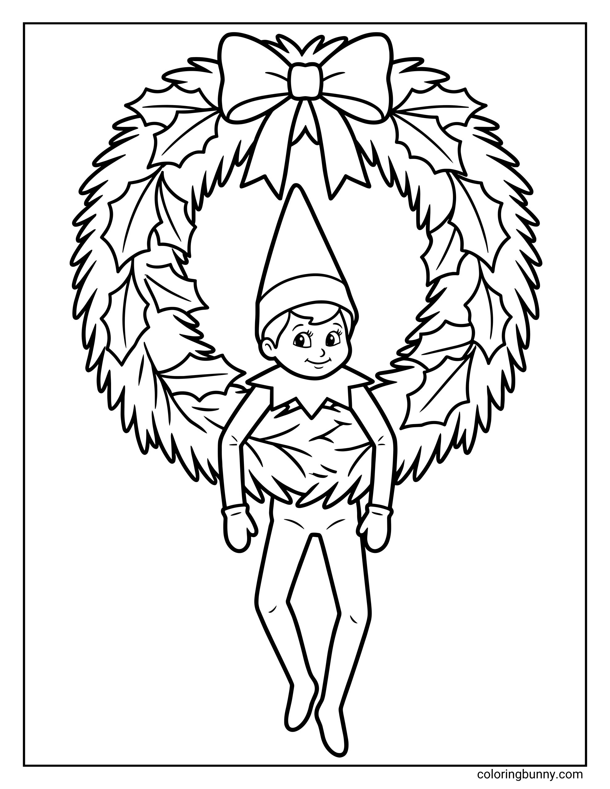 The Elf on the Shelf coloring page of a Scout Elf hanging onto the middle of a large Christmas wreath, peeking out as if watching the room and getting ready to report back to Santa.