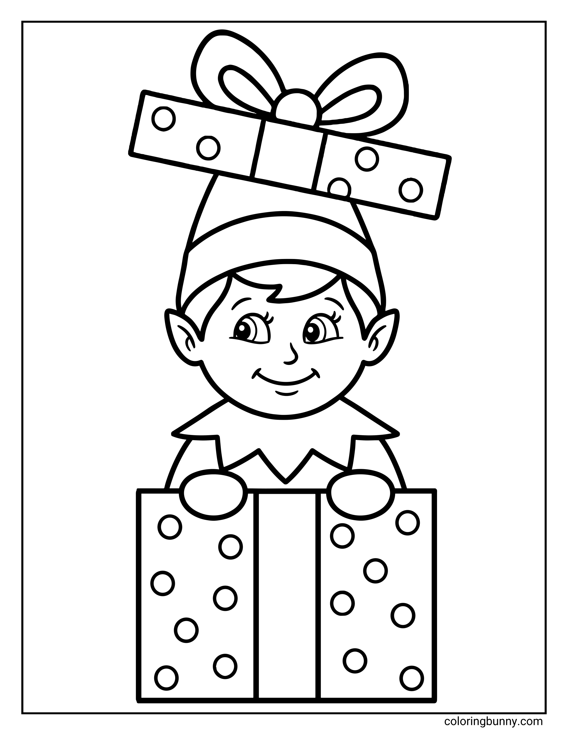 The Elf on the Shelf coloring page of a Scout Elf hiding inside a big polka-dot Christmas present, with another gift balanced like a bow on the elf’s head.
