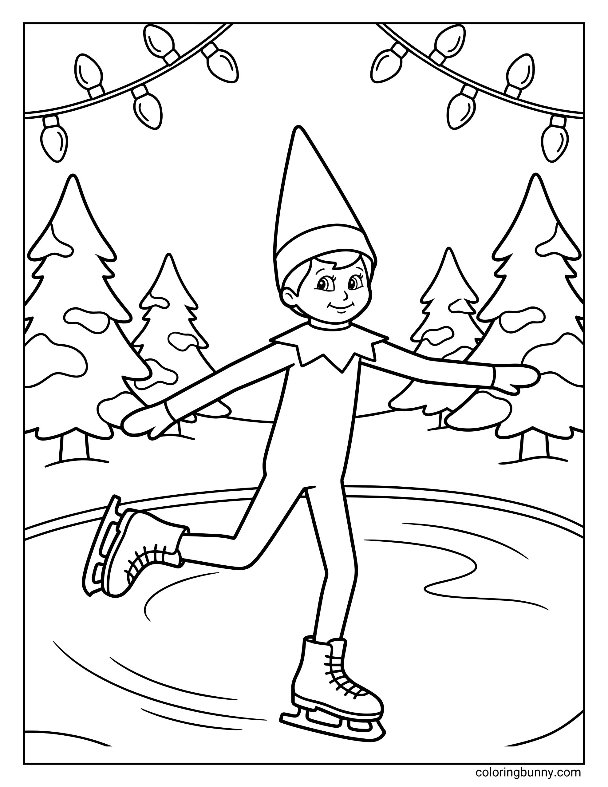 The Elf on the Shelf coloring page of a Scout Elf ice skating on a snowy outdoor rink, surrounded by winter trees and Christmas lights, gliding gracefully while keeping watch before reporting back to Santa.