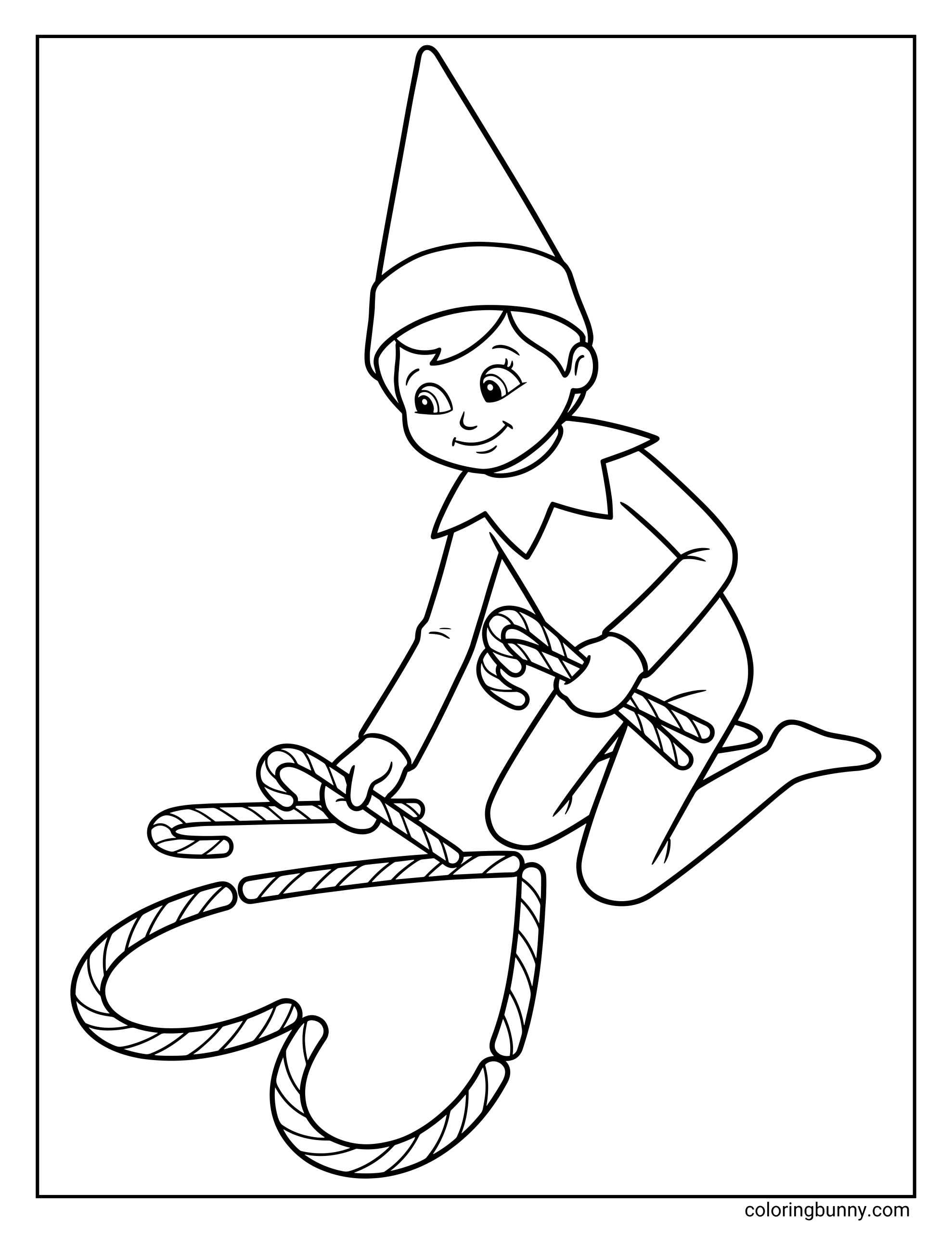 The Elf on the Shelf coloring page of a Scout Elf kneeling and arranging candy canes into the shape of a large heart.