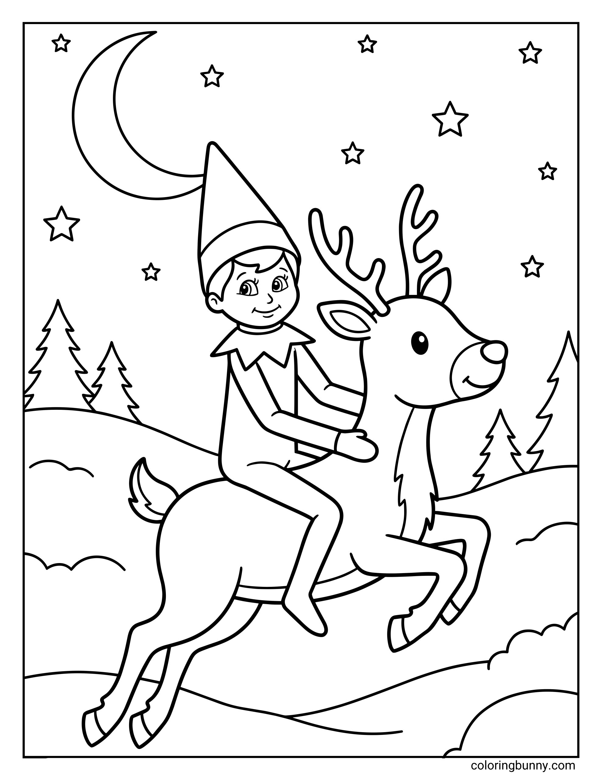 The Elf on the Shelf coloring page of a Scout Elf riding a reindeer through a snowy night sky under the moon and stars.