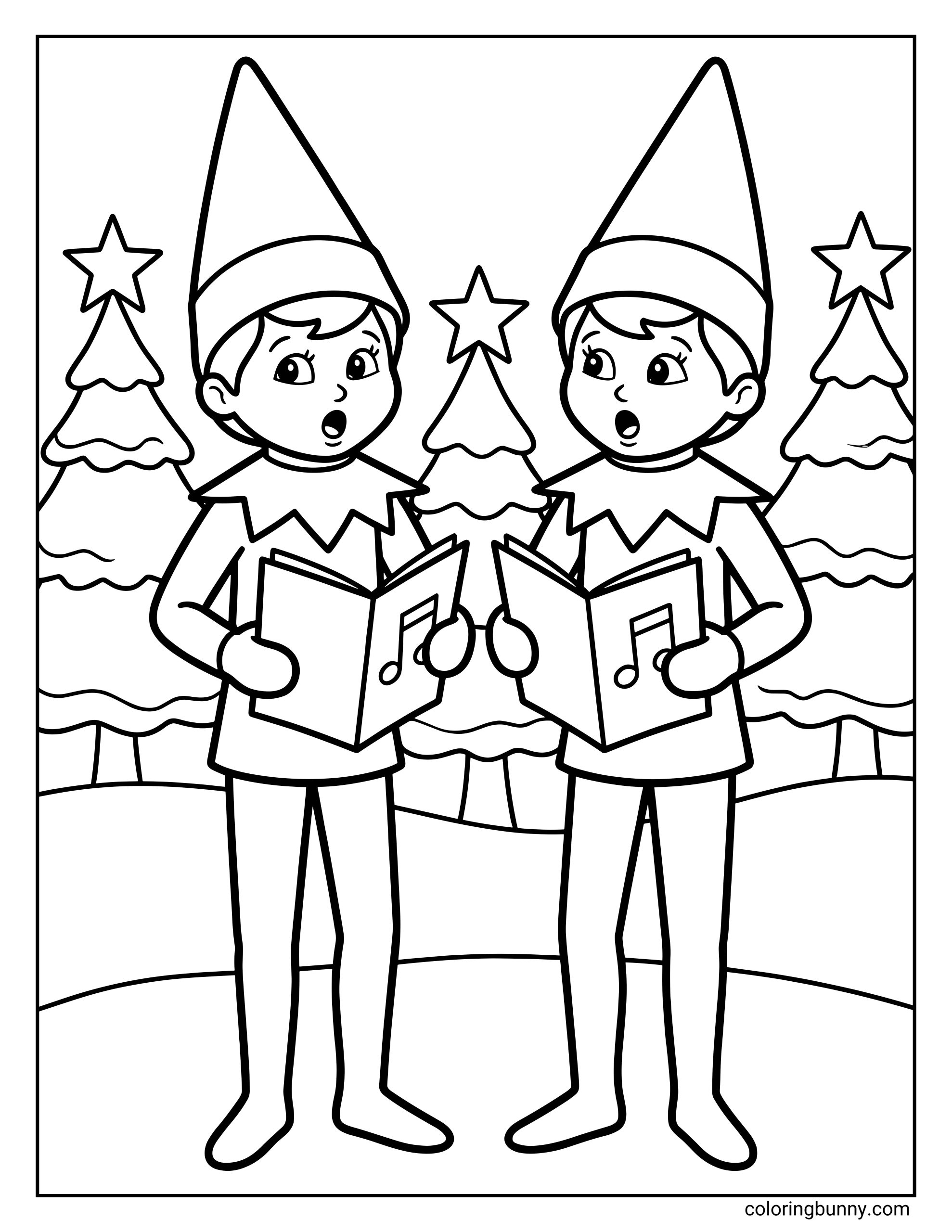 The Elf on the Shelf coloring page featuring two Scout Elves singing Christmas carols outdoors, holding music books as they watch and listen closely while preparing to report back to Santa.