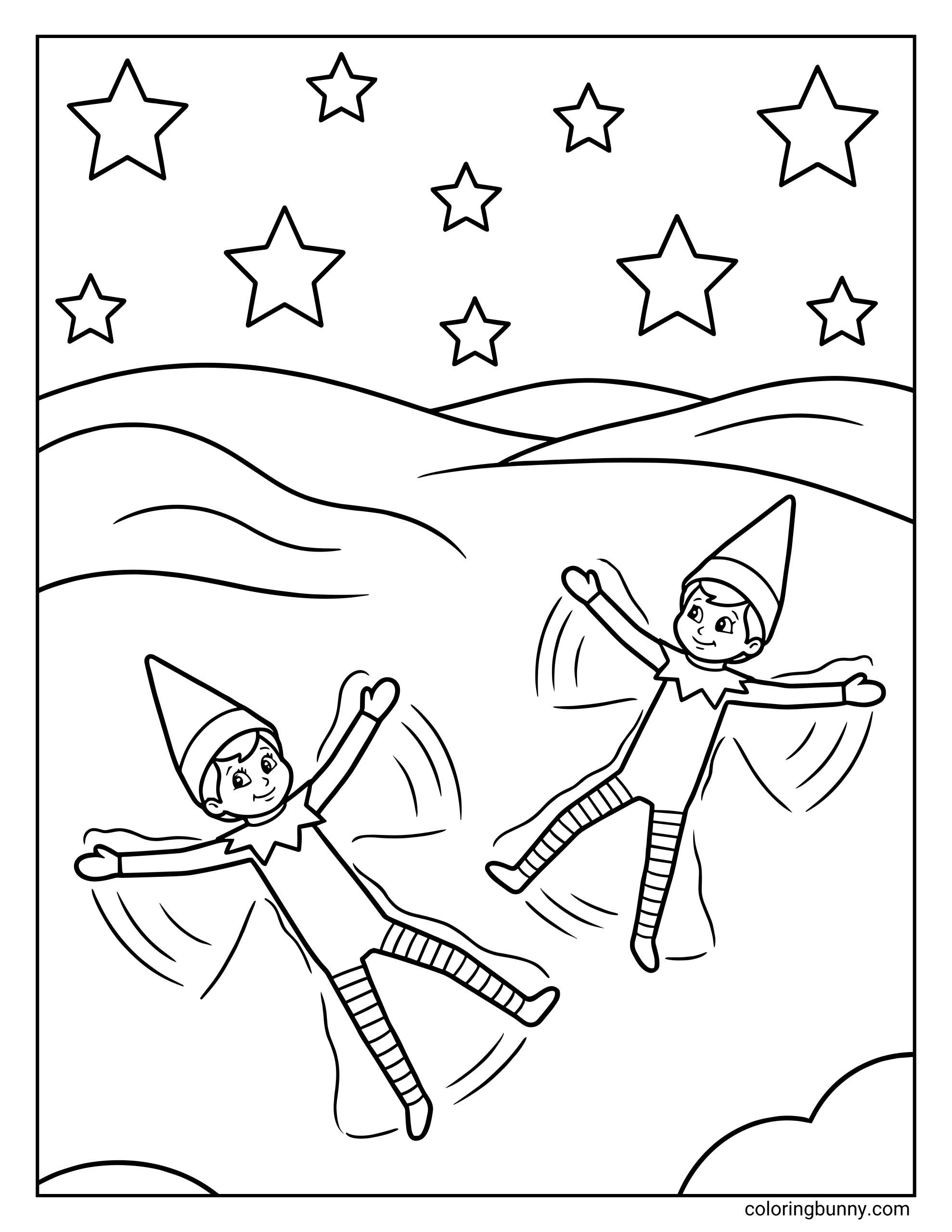 The Elf on the Shelf coloring page featuring two Scout Elves making snow angels under a sky full of stars, smiling as they secretly keep watch while playing in the snow.