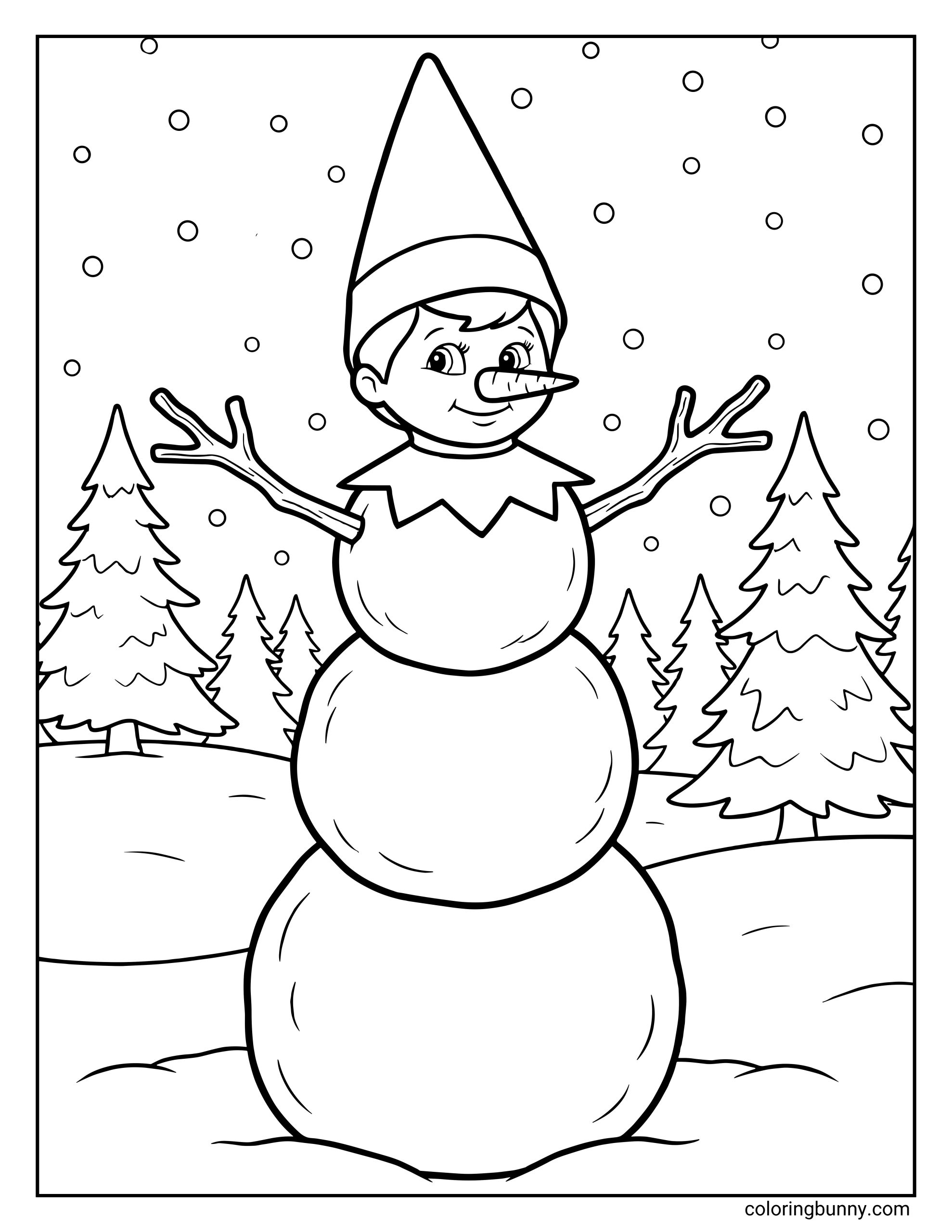 The Elf on the Shelf coloring page of a Scout Elf disguised as a snowman, complete with a carrot nose and twig arms, standing in a snowy forest.