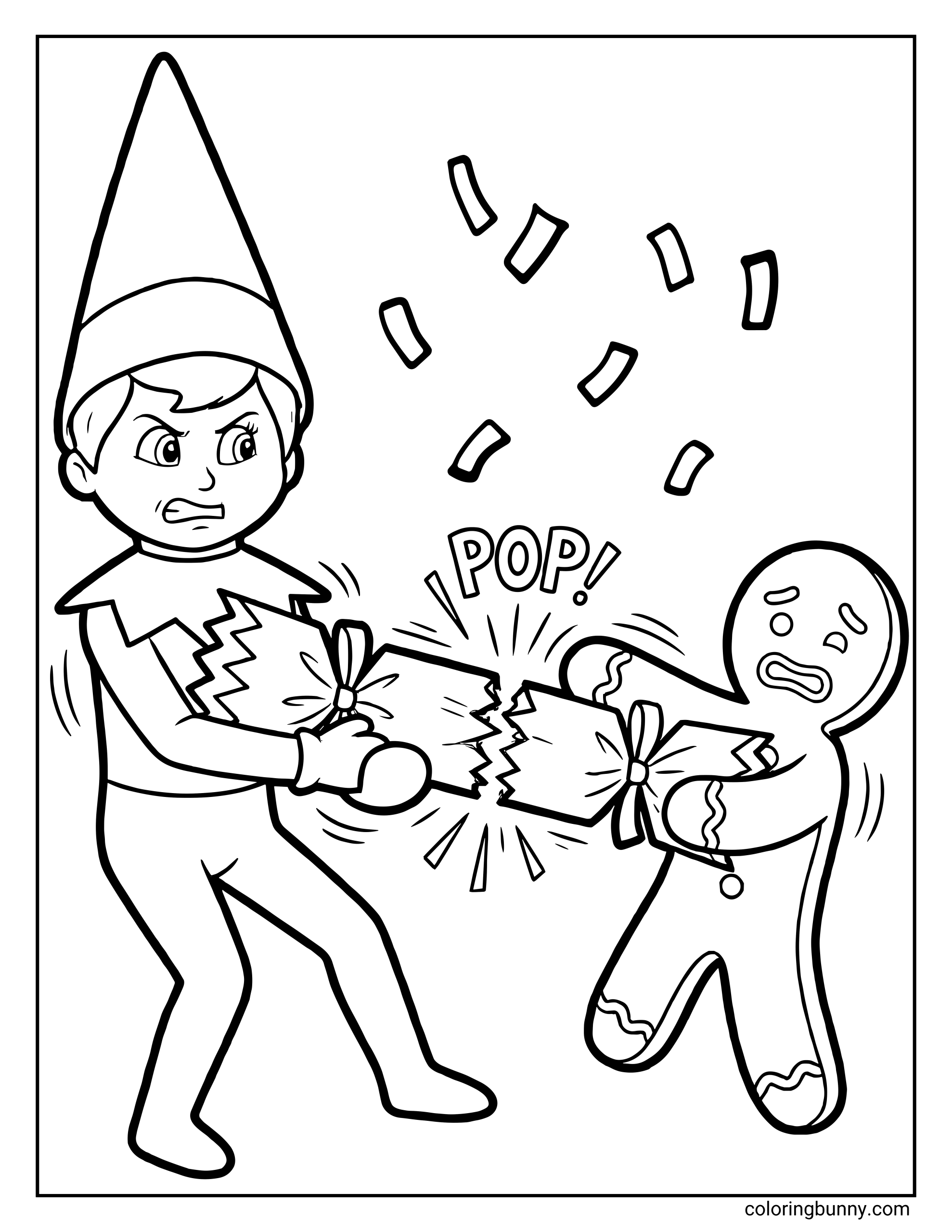 The Elf on the Shelf coloring page of a Scout Elf pulling on a Christmas cracker with a gingerbread man. The cracker is bursting with a “POP!” as confetti flies in the air.