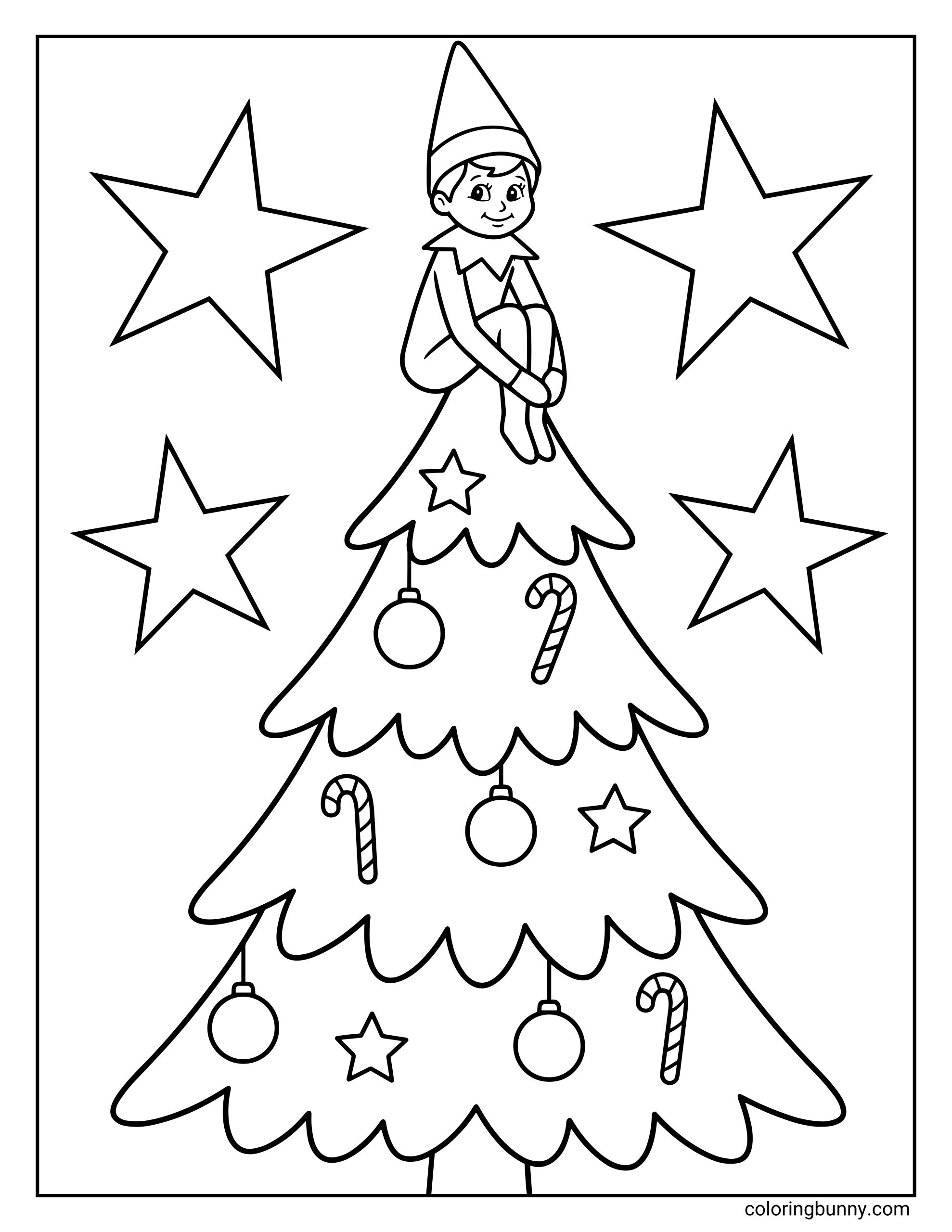 The Elf on the Shelf coloring page showing a Scout Elf perched at the very top of a decorated Christmas tree like a tree topper, surrounded by stars, watching quietly from above.