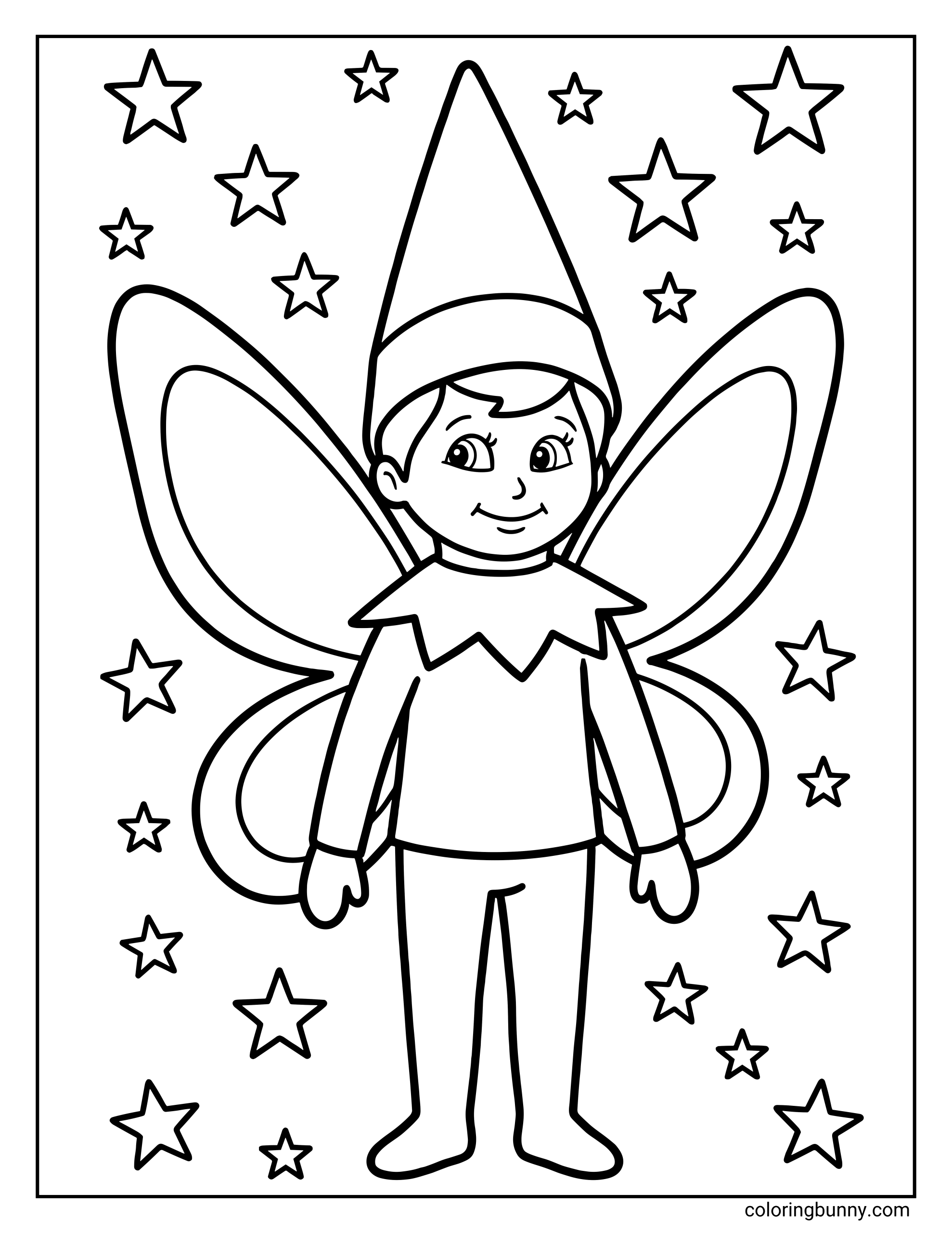 The Elf on the Shelf coloring page of a Scout Elf dressed as a fairy, complete with large wings and surrounded by stars.