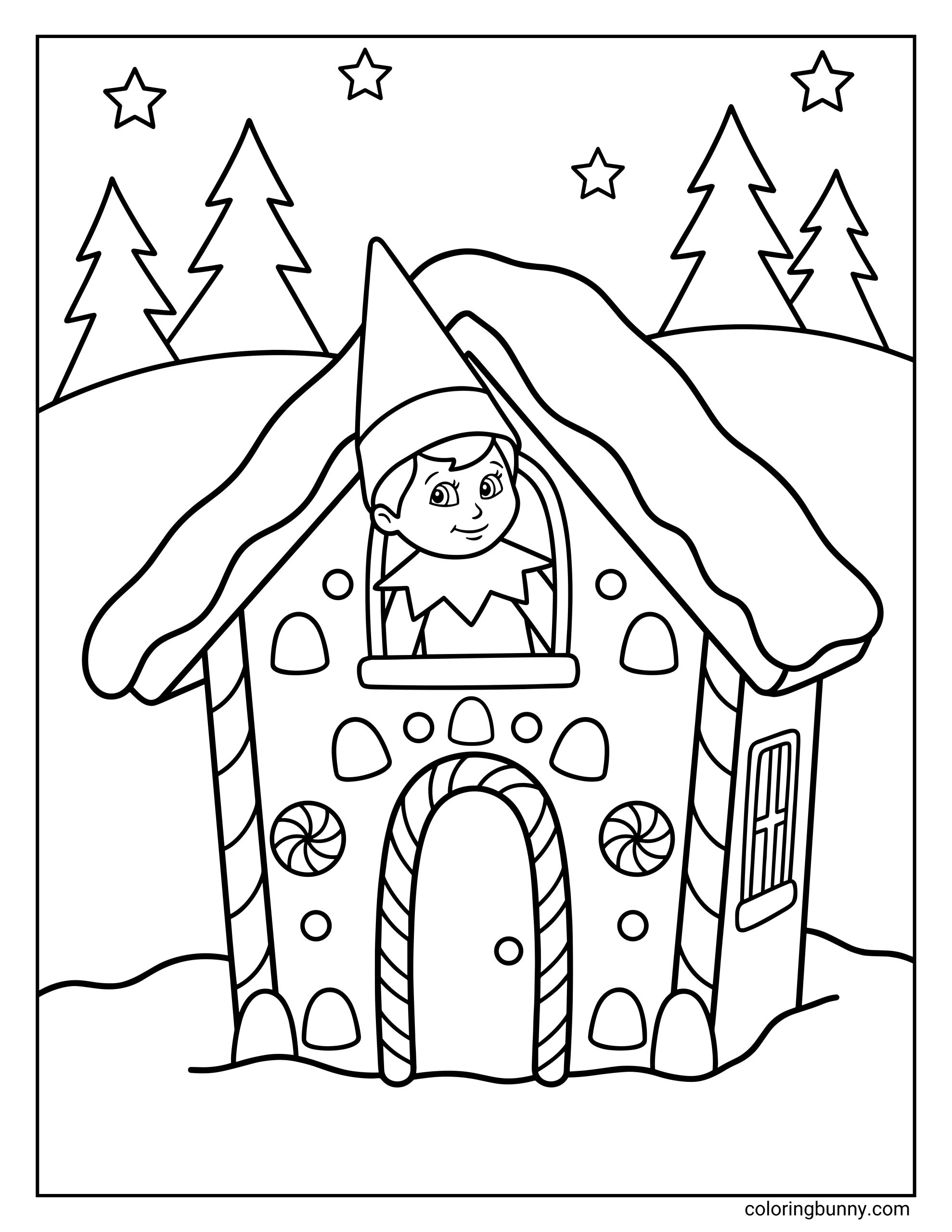 The Elf on the Shelf coloring page of a Scout Elf peeking out of the window of a gingerbread house, surrounded by snowy hills and Christmas trees under a starry sky.