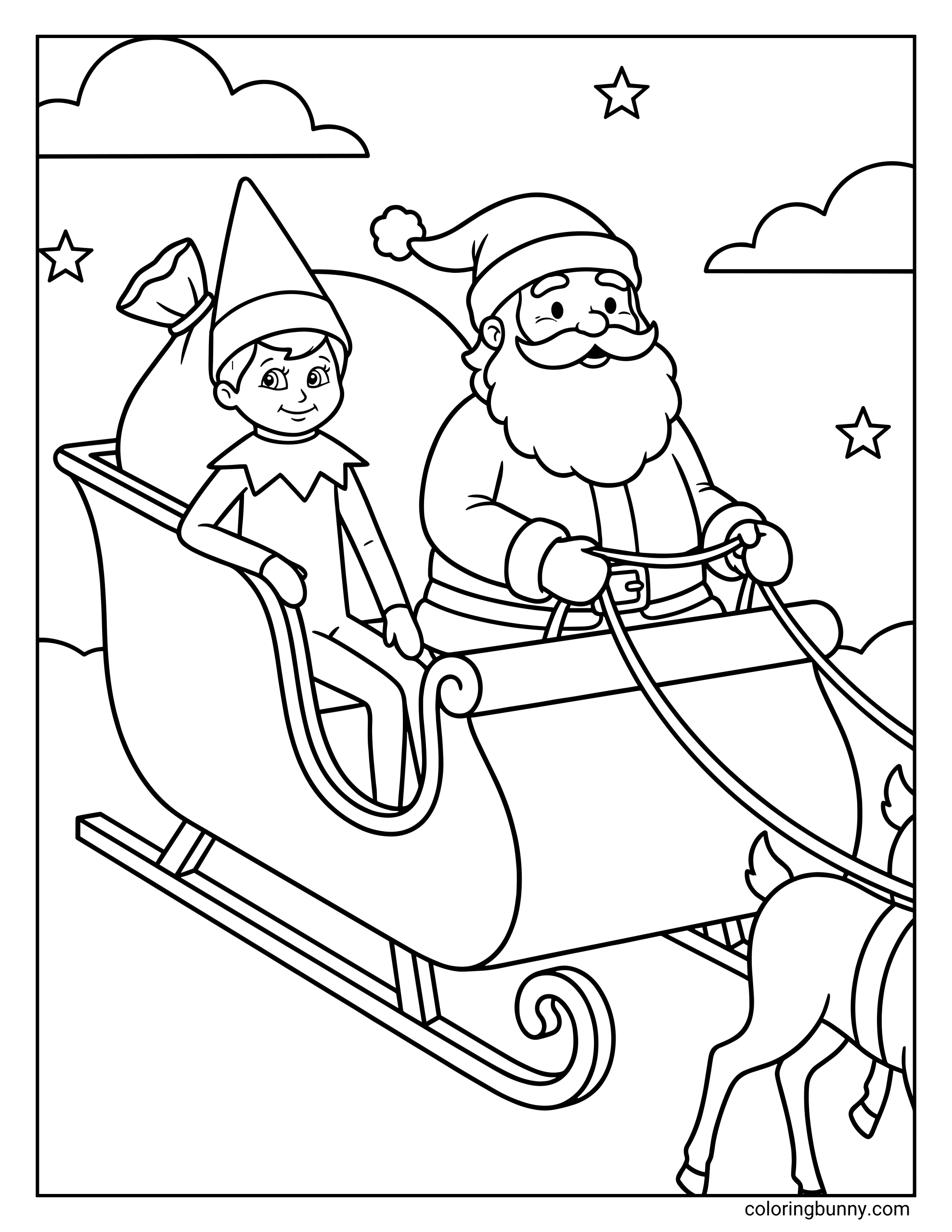 The Elf on the Shelf coloring page of a Scout Elf riding in Santa’s sleigh beside Santa, with reindeer pulling them through the night sky.