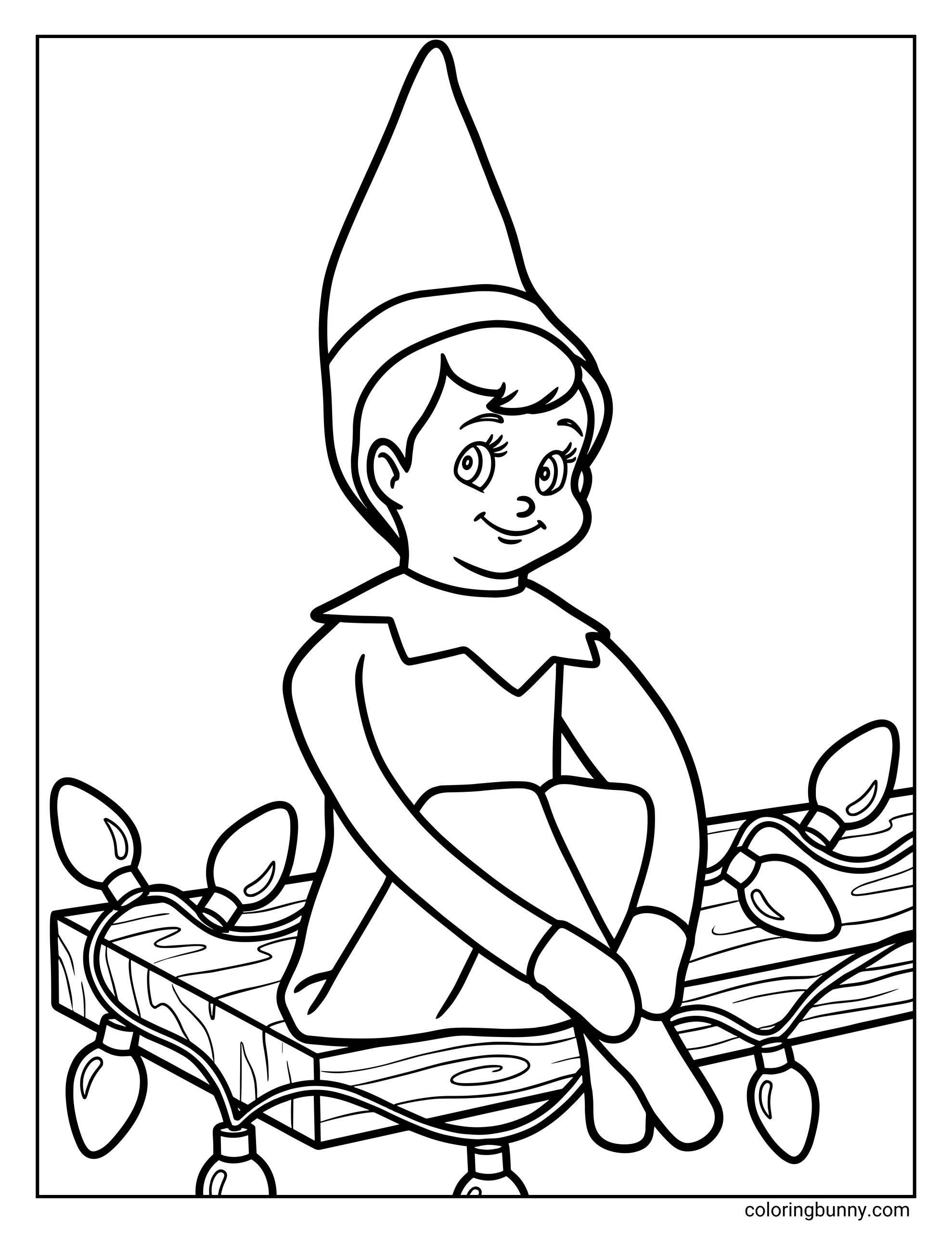 The Elf on the Shelf coloring page of a Scout Elf sitting sweetly on a wooden shelf wrapped in glowing Christmas lights, watching the room closely as if ready to report every Christmas secret back to Santa.