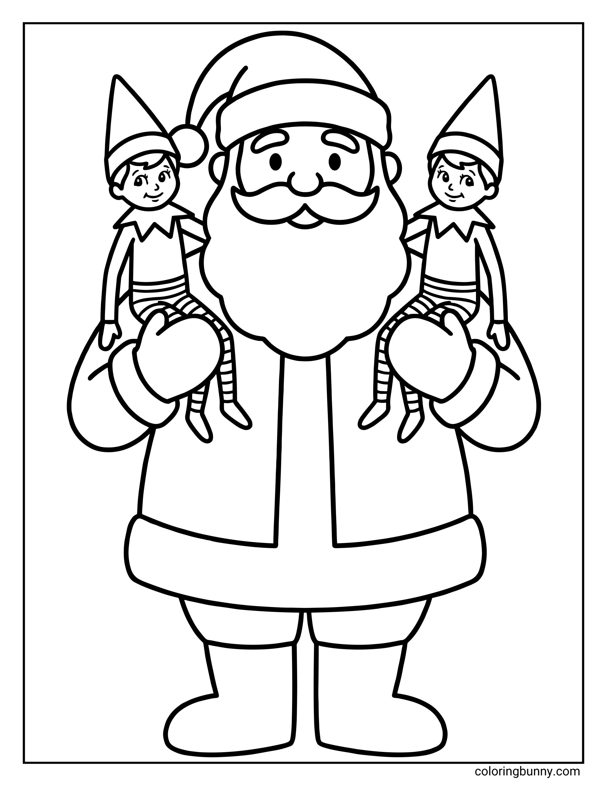 The Elf on the Shelf coloring page showing Santa Claus holding two Scout Elves on his shoulders, both smiling proudly after returning from their nightly mission to report back to him.
