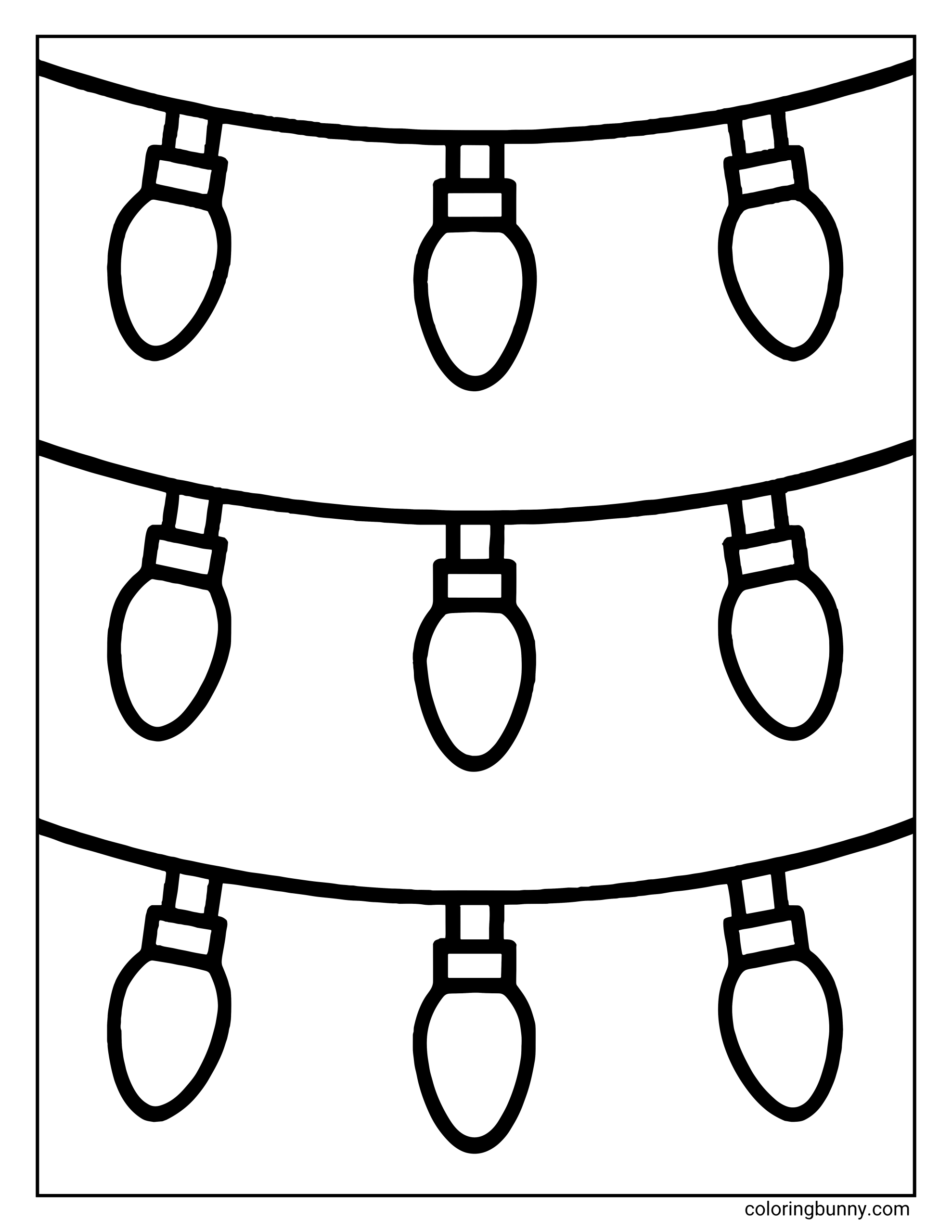 Easy Christmas coloring sheet featuring three strands of Christmas lights, with large, simple bulbs arranged in rows for easy coloring.