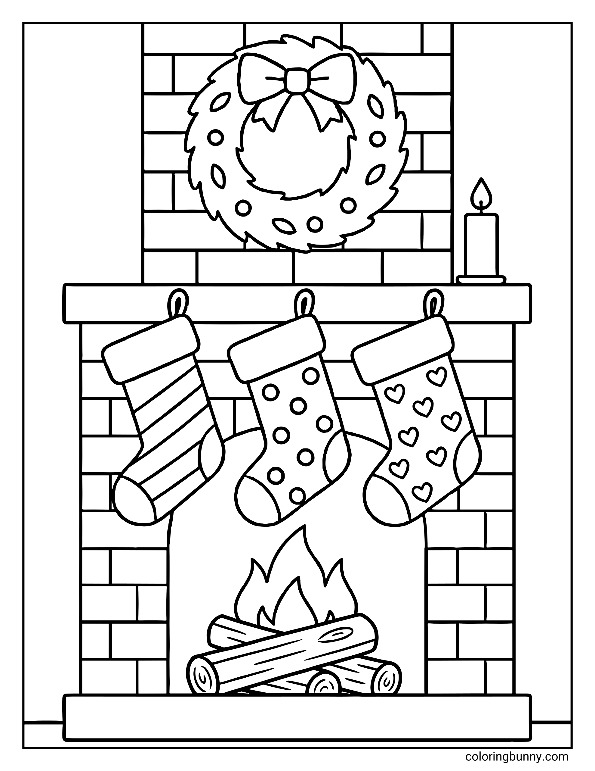 A Christmas stocking coloring page featuring a brick fireplace with logs and flames inside. Three stockings hang from the mantel, one with stripes, one with polka dots, and one with hearts. Above the mantel is a wreath with a bow, and a candle sits to the right side. The entire scene is framed inside a simple rectangular border.