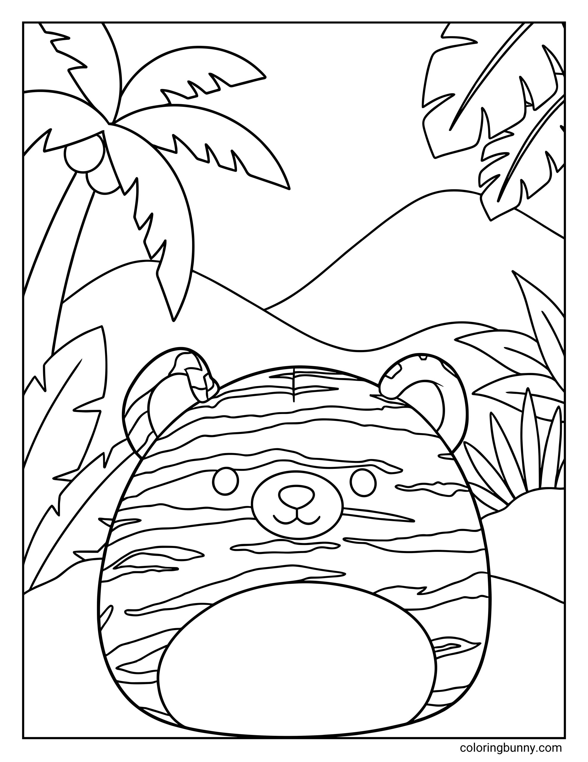 A Squishmallow coloring page of Tina the Tiger sitting in a tropical jungle, with rounded ears, a small smiling face, bold tiger stripes across her body, and large palm leaves and rolling hills in the background.
