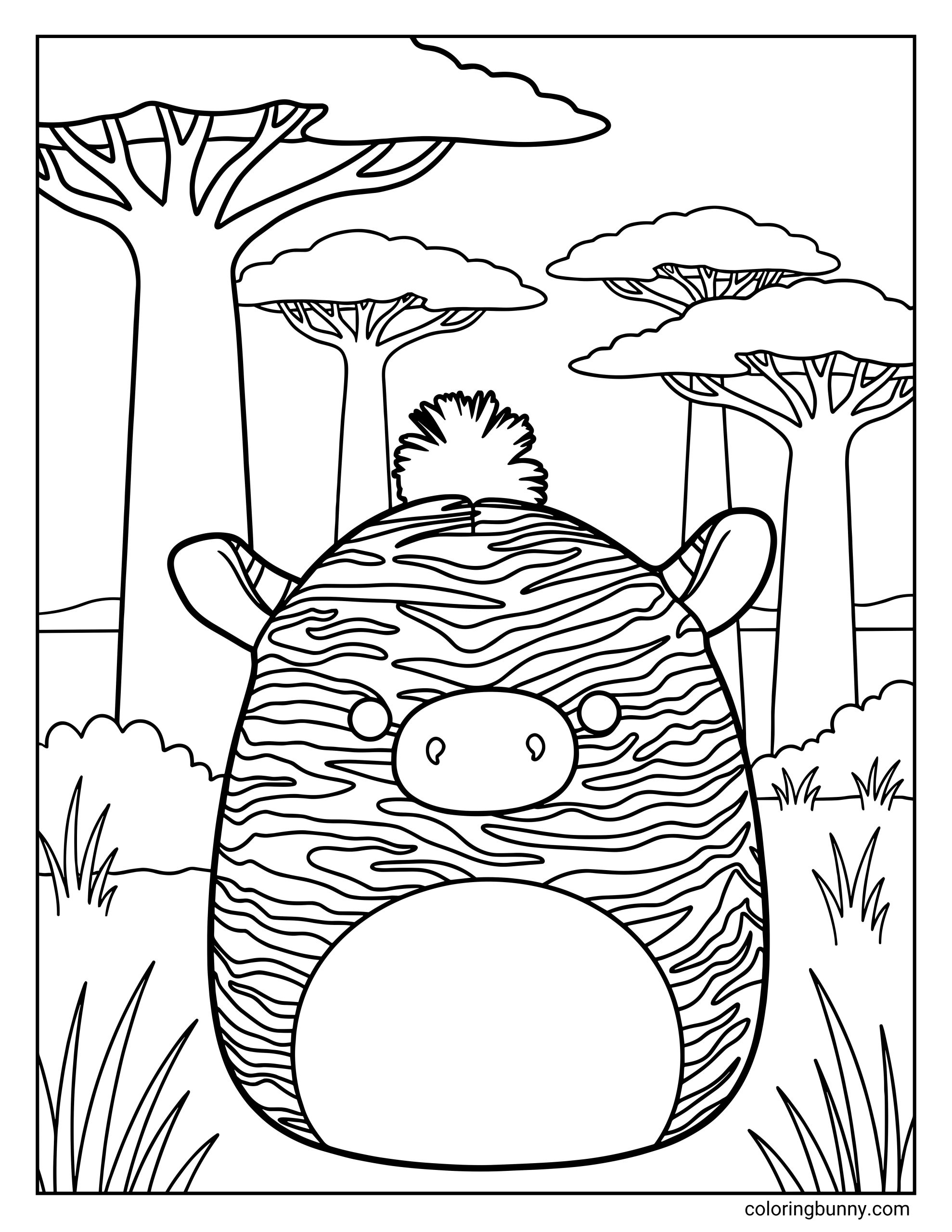 A Squishmallow coloring page of Tracey the Zebra, shown from the front with a round, plush body, small ears, a short tuft of mane on top, and distinctive zebra stripe patterns across her face and body. Tracey is standing in a simple savanna-style scene with tall grass and flat-topped acacia trees in the background, creating a calm, open landscape.