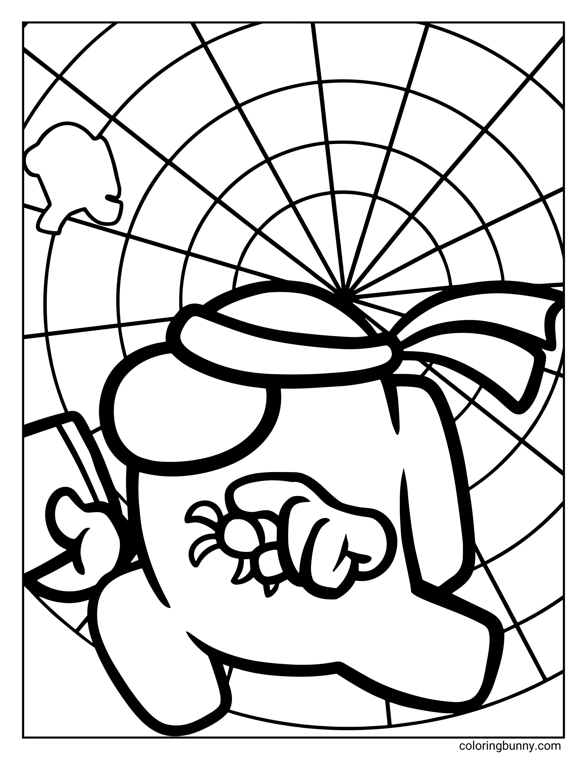 An Among Us tracker coloring page showing a single crewmate wearing a headband and striking an action pose, with a bold radar background of curved and straight lines radiating behind the character.