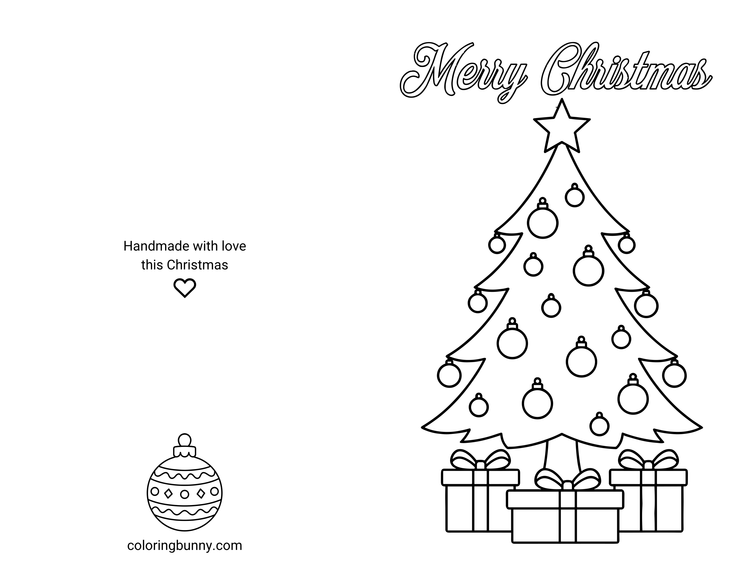 A printable and foldable Christmas card coloring page featuring a decorated Christmas tree with ornaments, a star on top, and three wrapped presents at the base. Above the tree, elegant script letters spell “Merry Christmas.” On the left half of the page, the back of the card includes the text “Handmade with love this Christmas,” a small heart icon, and a bauble illustration.