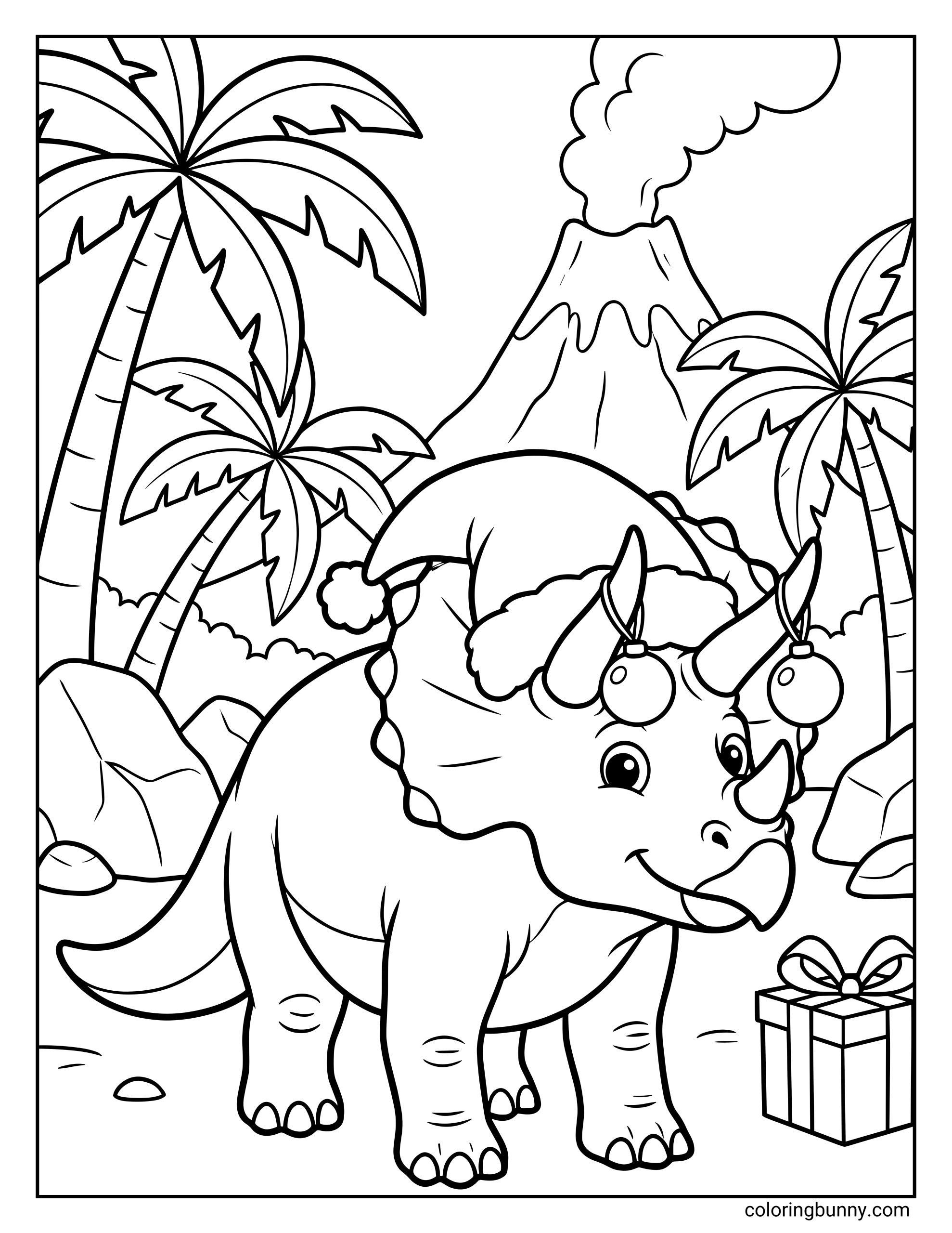 A simple Spinosaurus Christmas coloring page where a cheerful Spinosaurus in a Santa hat stands in a jungle scene with palm trees, huge ornaments, and an erupting volcano in the background.