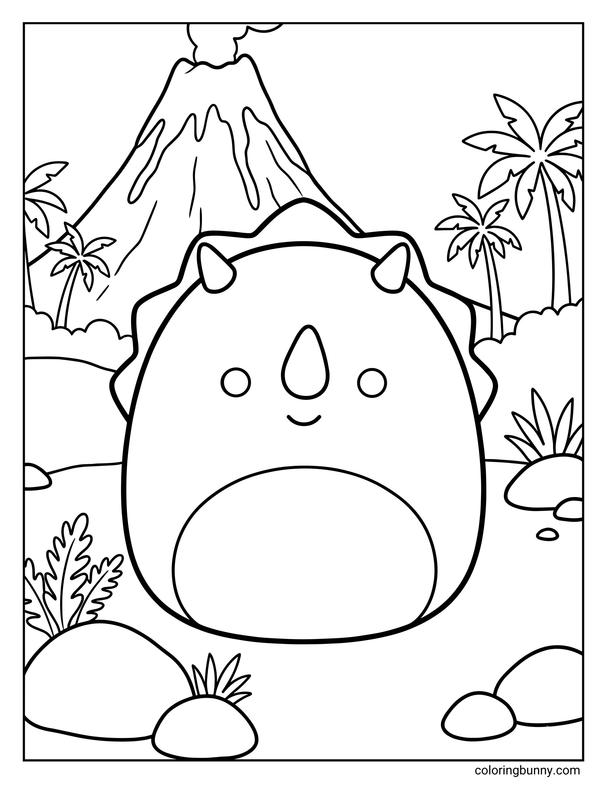 A Squishmallow coloring page of Tristan the Triceratops, shown as a chubby dinosaur with a rounded body, small horns on his head, and a gentle smile. Tristan is standing in a prehistoric landscape with a smoking volcano, palm trees, rocks, and plants surrounding him, creating a fun dinosaur-themed scene.