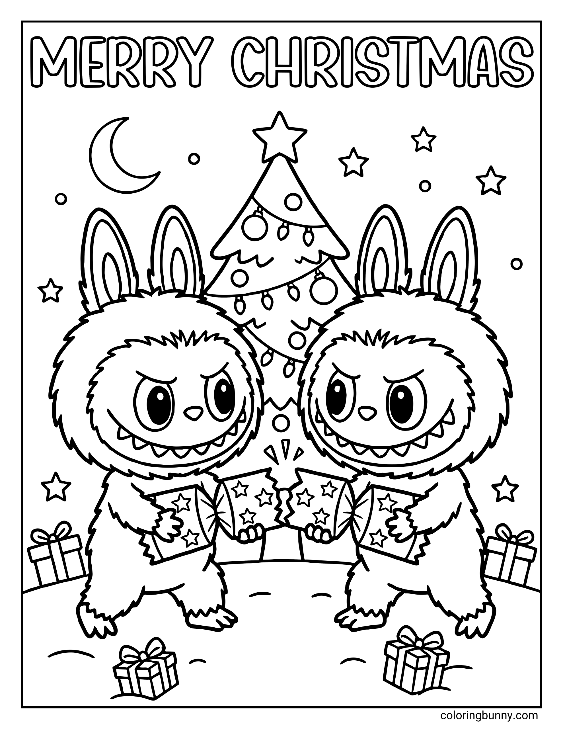 Labubu Christmas Coloring page of two Labubu characters pulling a star-patterned Christmas cracker below "MERRY CHRISTMAS" text, with a tree and moon in the background.