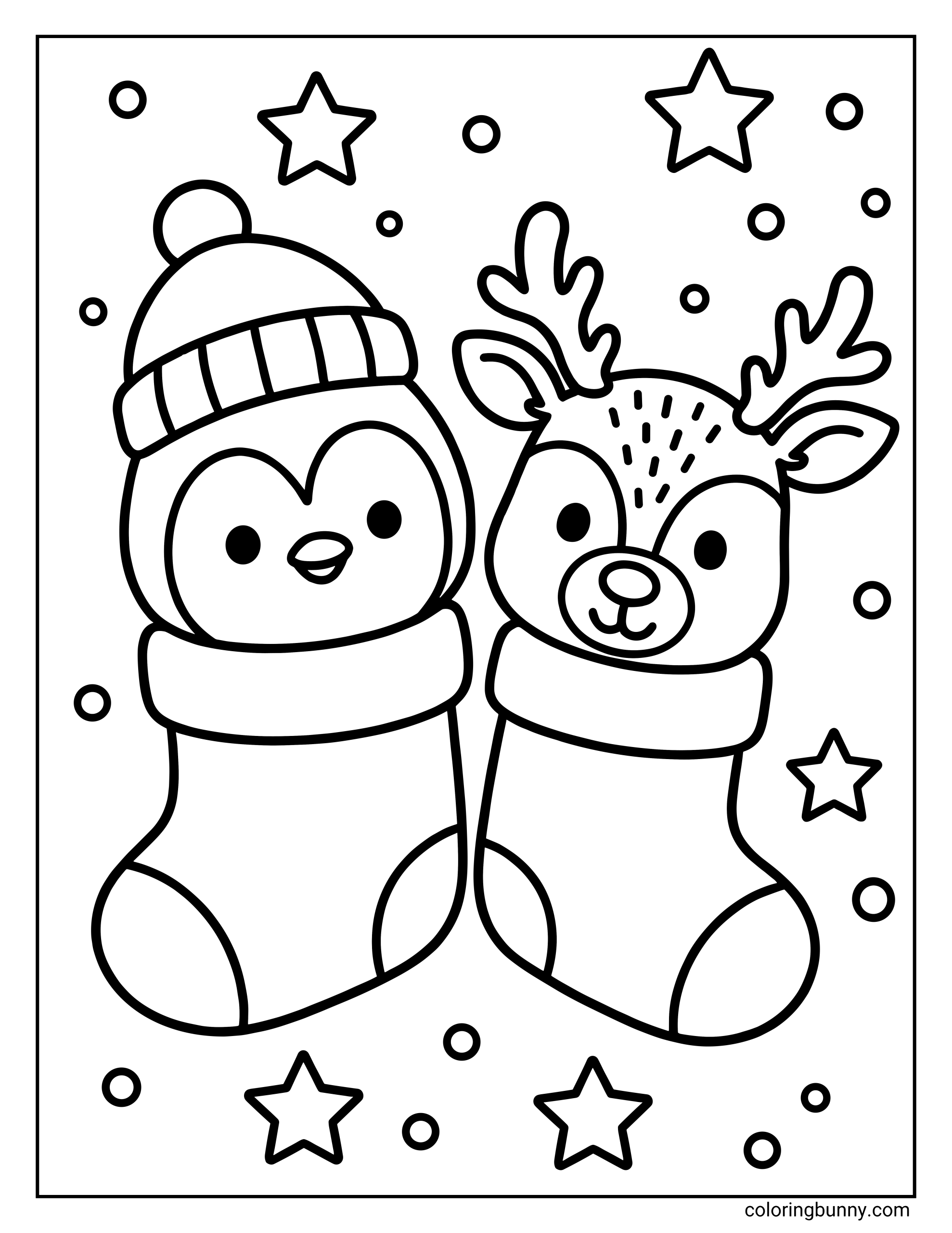 A cute Christmas stocking coloring page showing a penguin wearing a winter hat and a smiling reindeer with antlers sitting inside two hanging stockings. Stars and small circles float around them, all framed inside a simple rectangular border.