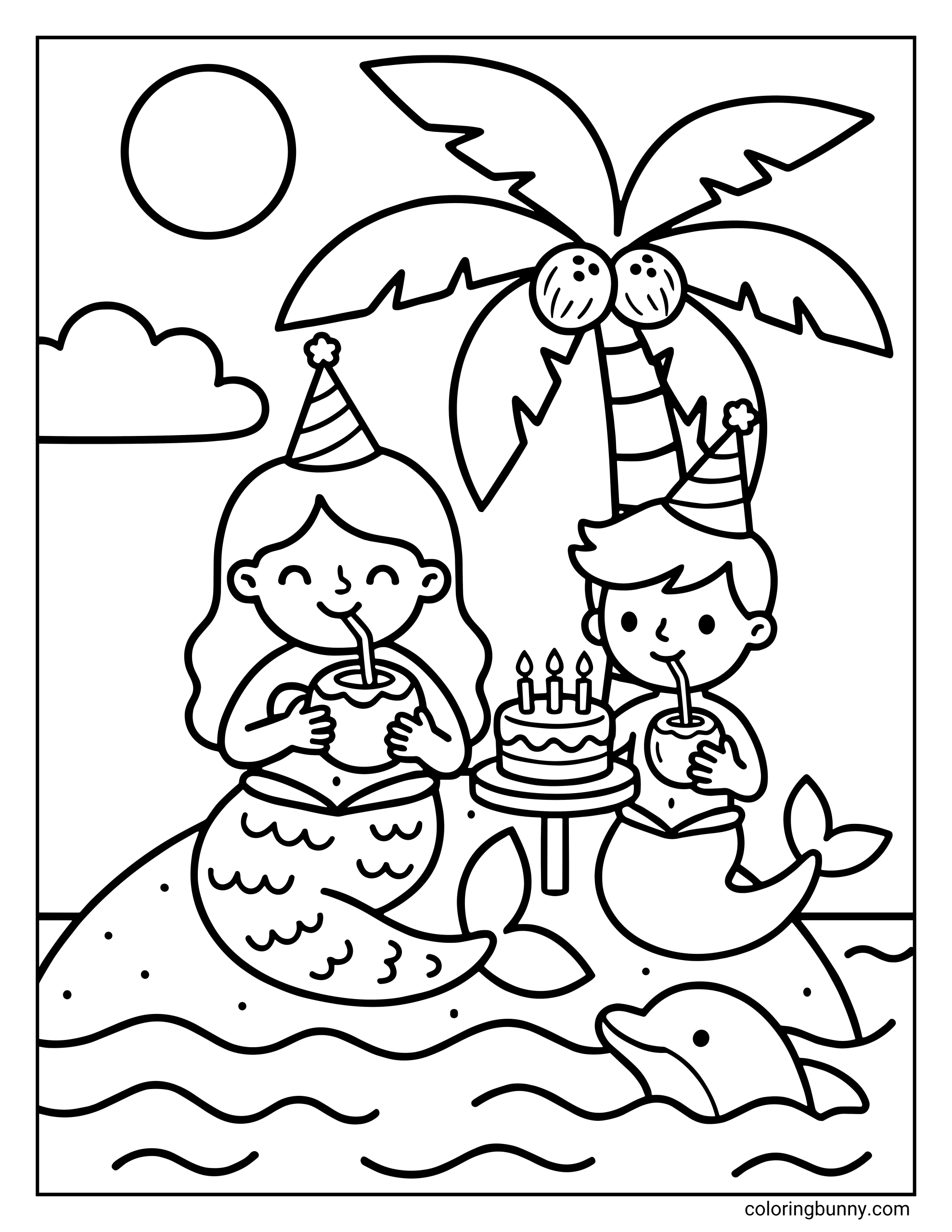 A coloring page of two cute mermaids sitting on a sandy island with a palm tree, wearing party hats and drinking from coconuts. Between them is a birthday cake with candles, and a dolphin is swimming in the water below under a sunny sky.