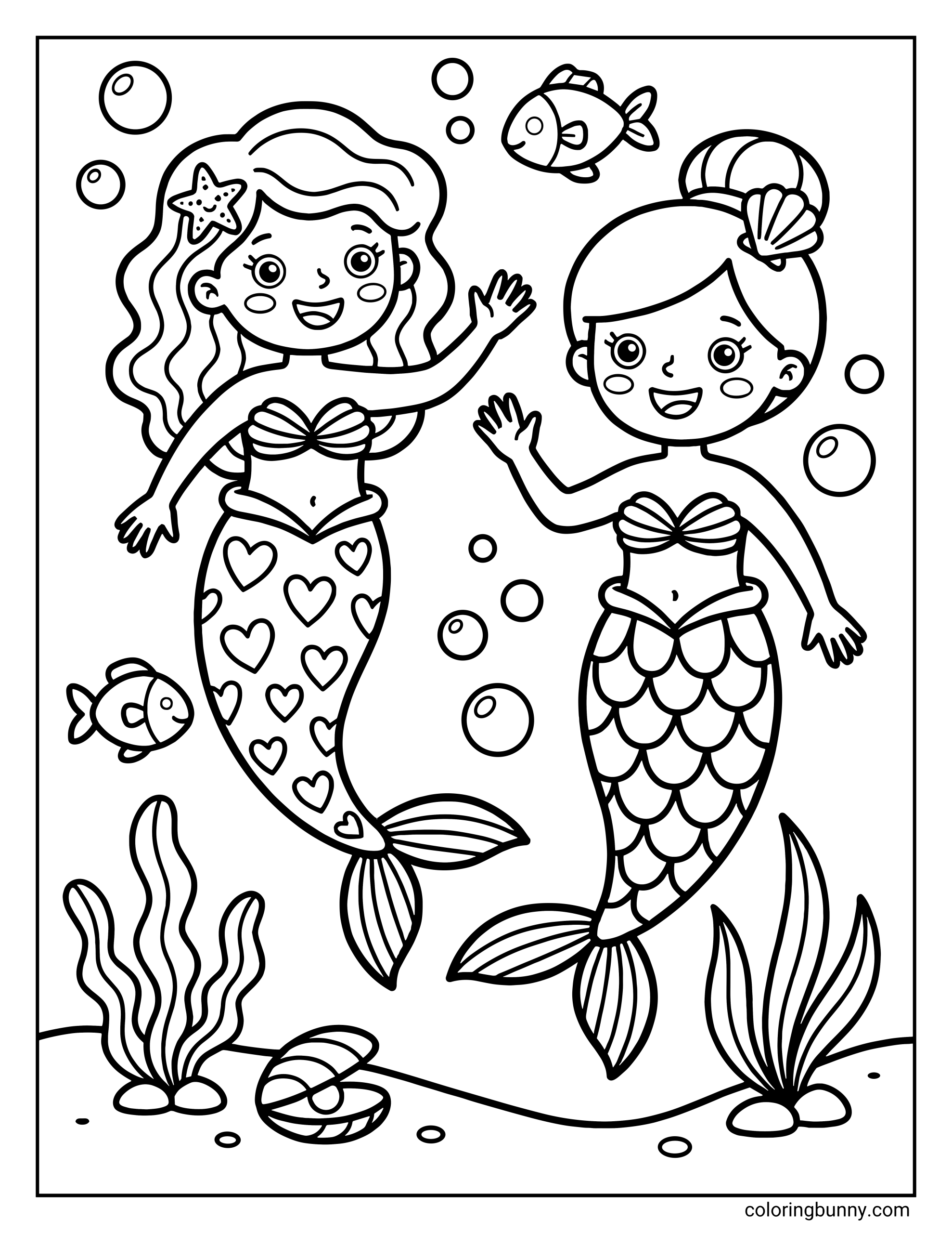 A coloring page of two cute mermaids swimming underwater and waving their hands. The mermaid on the left has hearts on her tail, and the mermaid on the right has scales, surrounded by bubbles, small fish, seaweed, and an open shell with a pearl at the bottom.