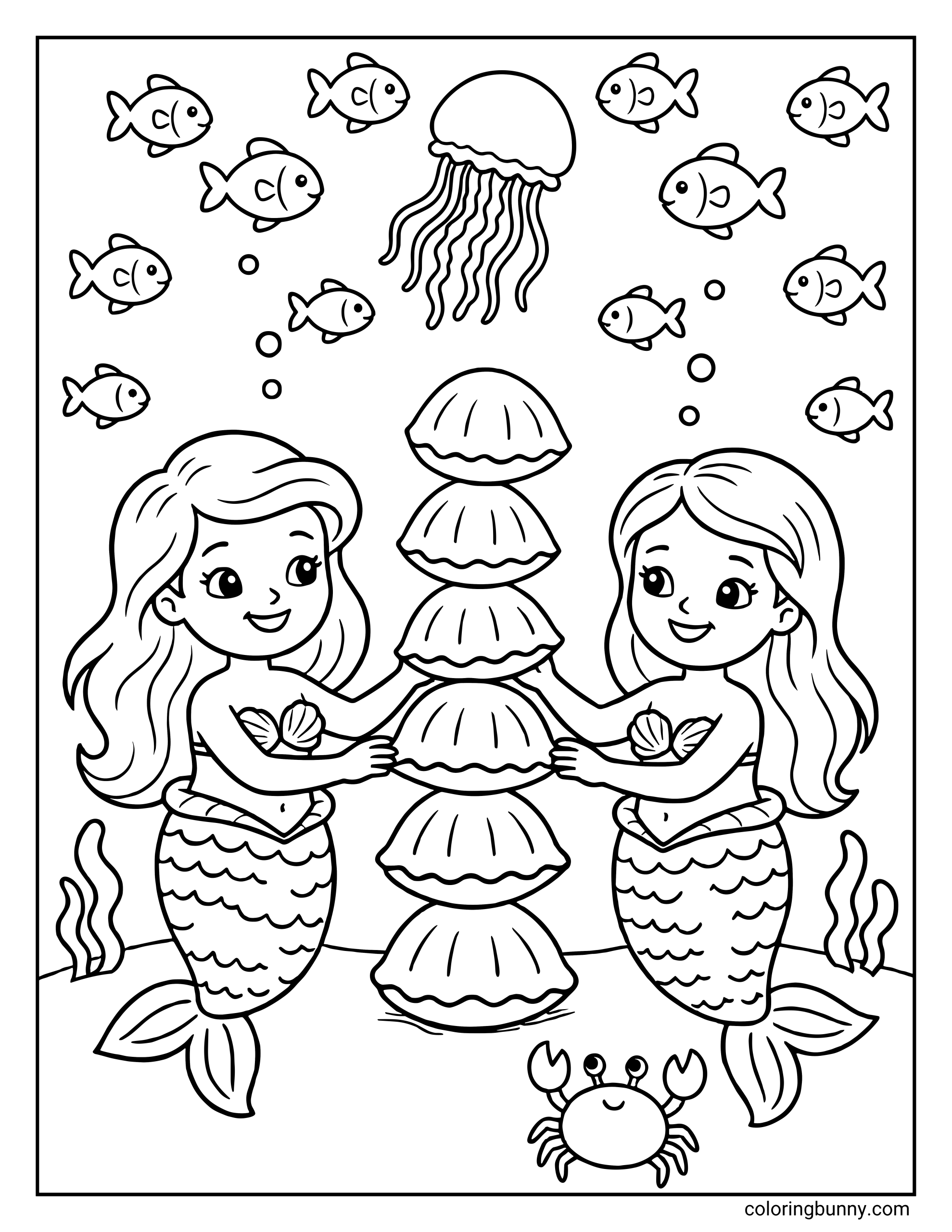 A coloring page of two cute mermaids facing each other and holding up a tall stack of five large clam shells, surrounded by a school of small fish, a jellyfish floating at the top, and a crab watching from the sandy bottom.