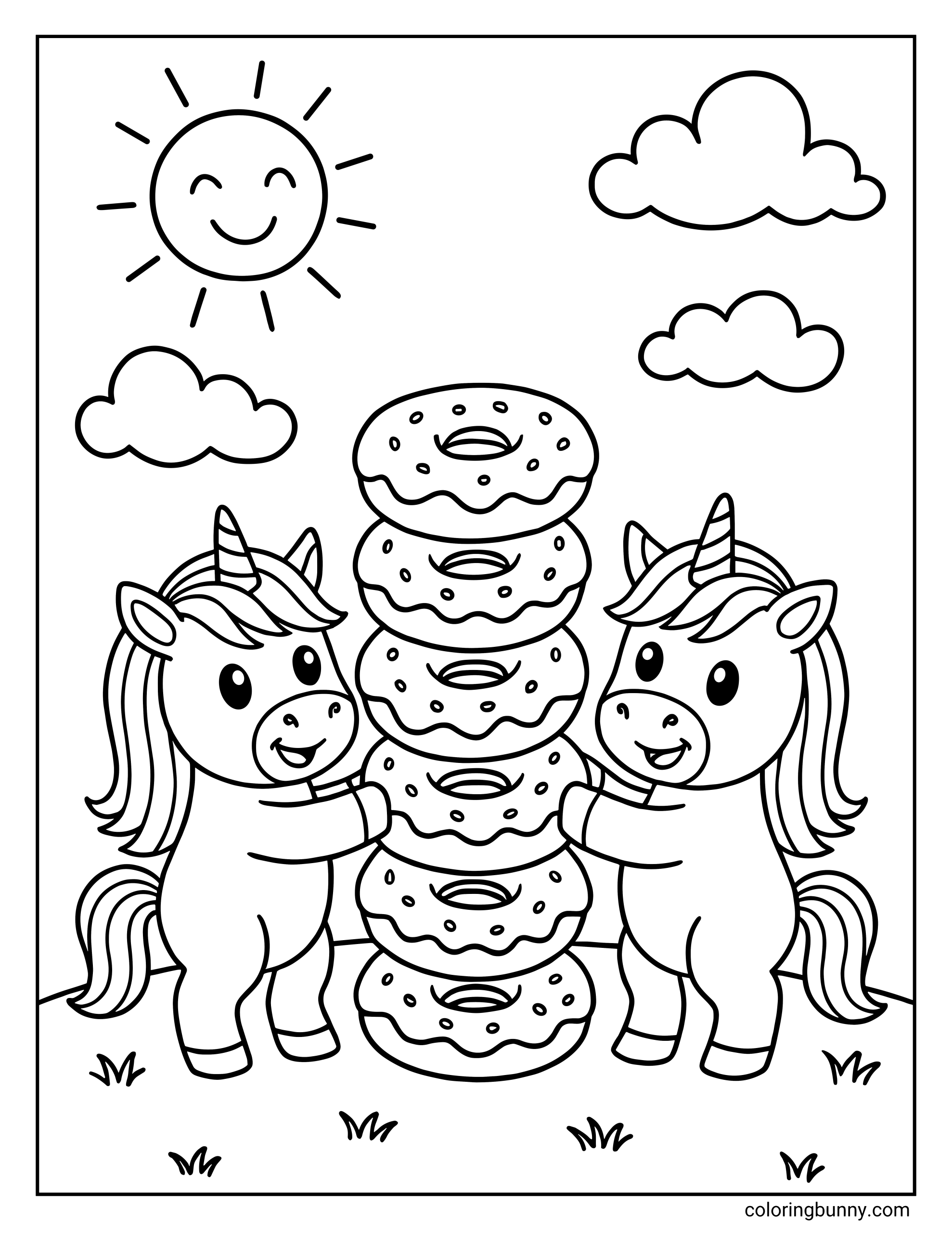A fun coloring page of two cute unicorns standing on grass, holding up a tall stack of six donuts between them. The background features a smiling sun and fluffy clouds.