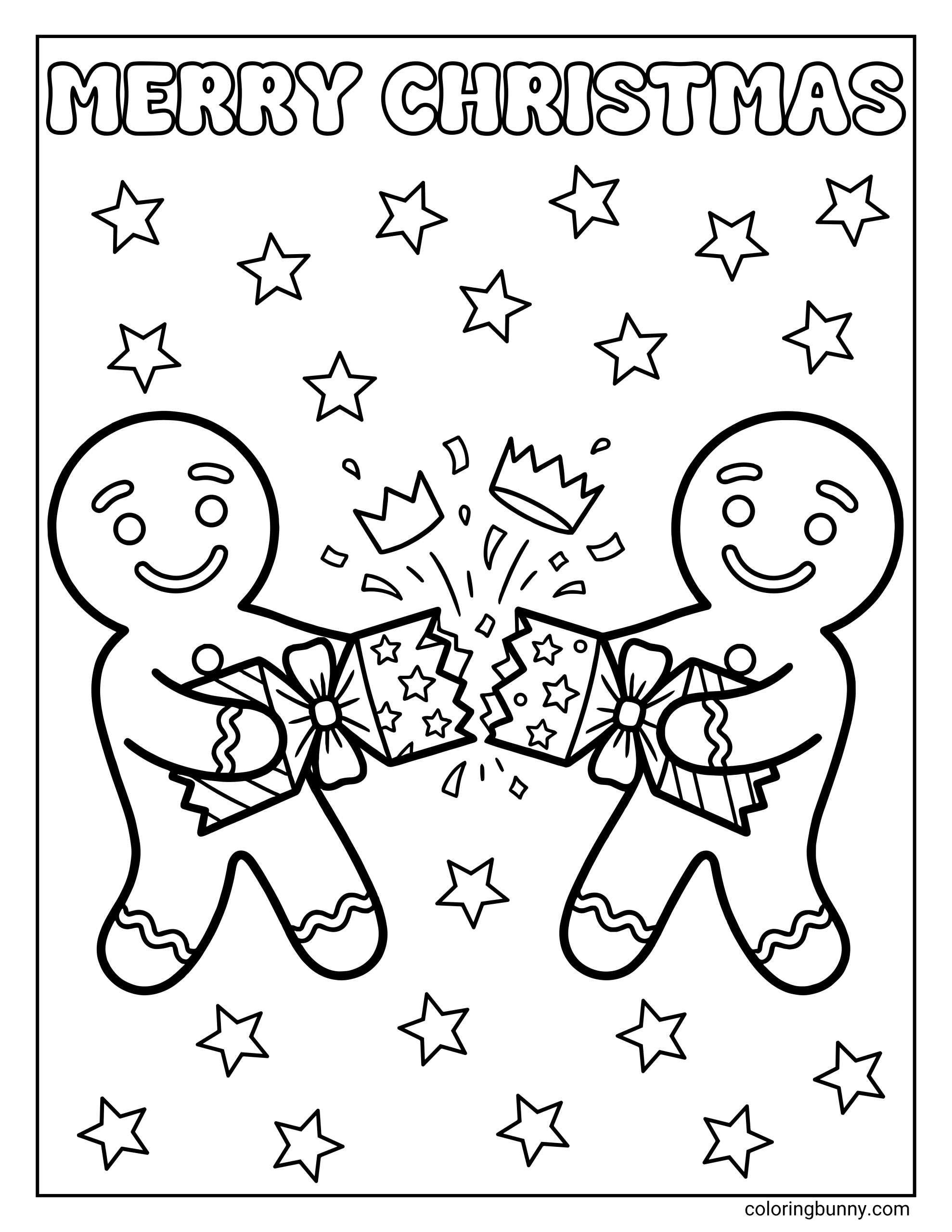 Gingerbread man coloring sheet of two gingerbread men pulling a Christmas cracker with confetti and stars exploding.