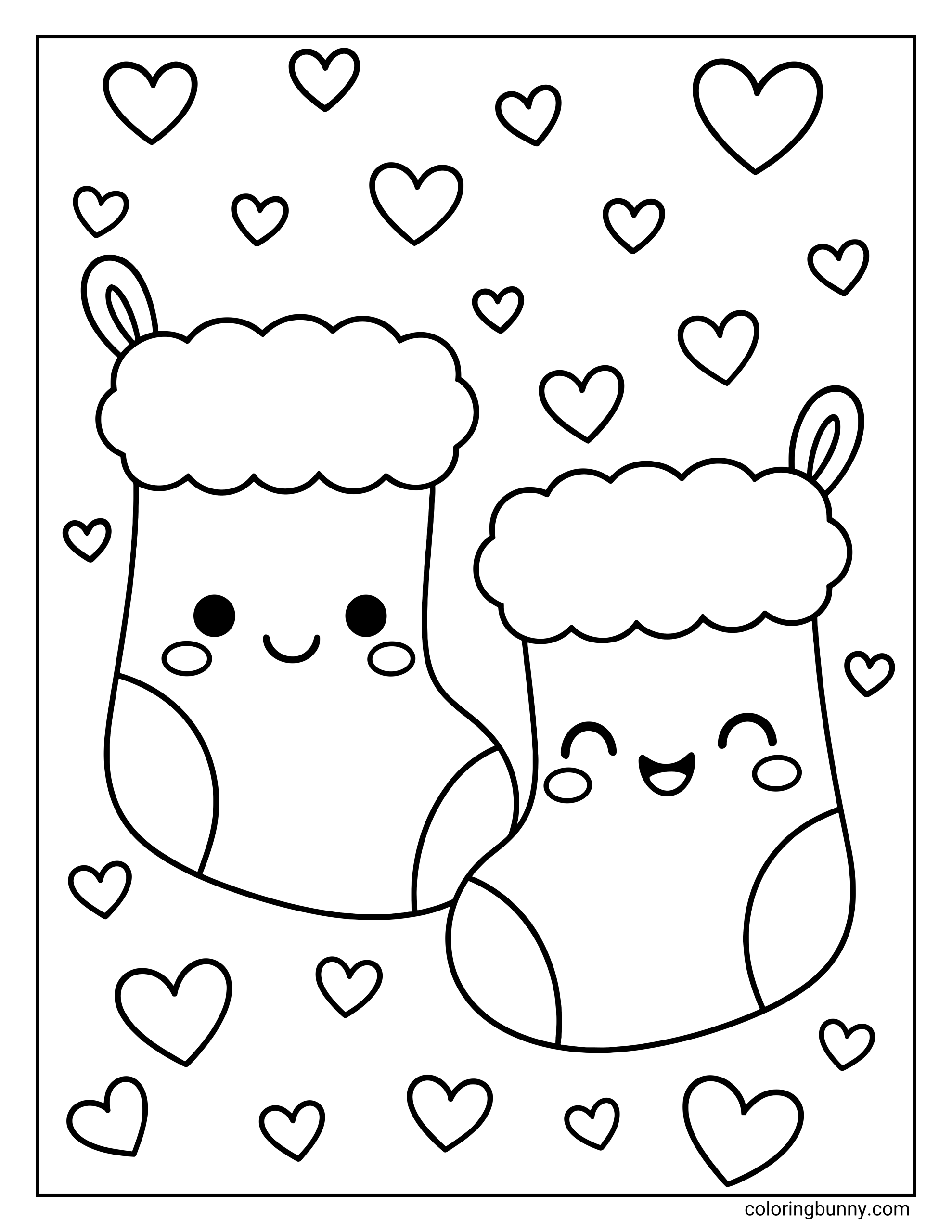 A cute Christmas coloring sheet with two smiling stockings next to each other, both with fluffy tops and cheerful faces. They are surrounded by many hearts of different sizes, all inside a simple rectangular border.