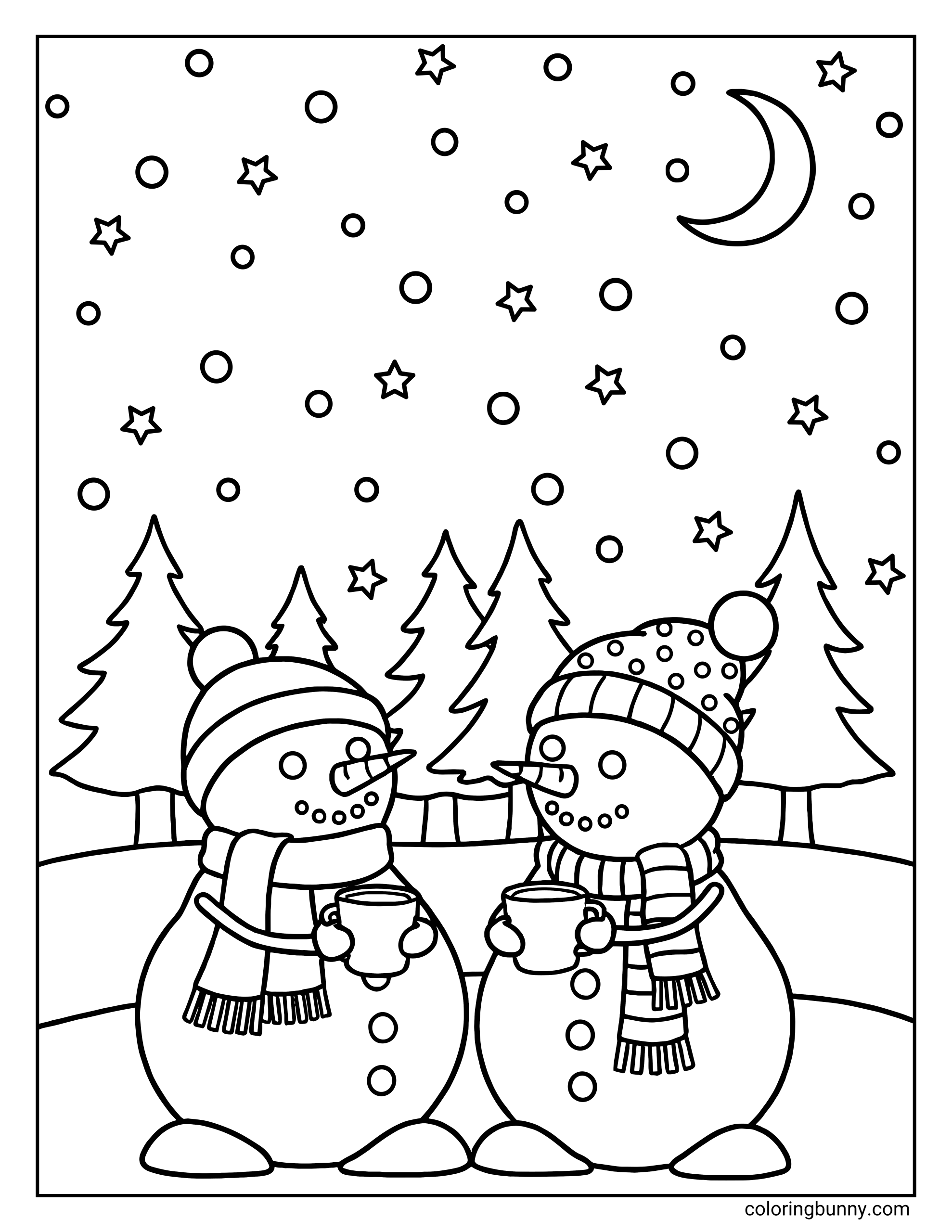 A cozy snowman coloring page featuring two happy snowmen wearing hats and scarves holding cups of hot cocoa together on a starry night.