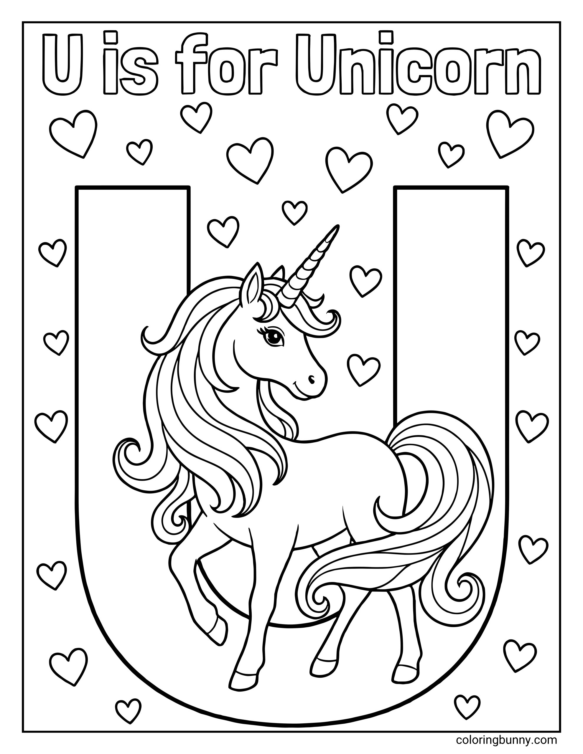 A unicorn coloring page featuring the letter U with a graceful unicorn posing proudly inside the U letter shape, surrounded by floating hearts for a magical alphabet-themed design.