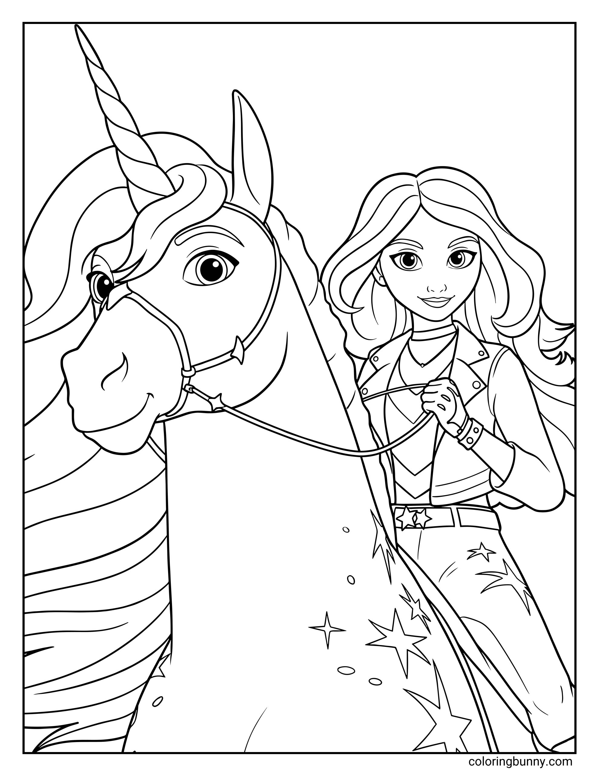 A unicorn coloring page featuring Sophia from Unicorn Academy standing beside her unicorn Wildstar. Sophia is shown holding the reins with a confident smile, wearing her academy outfit with a jacket, belt, and star details. Wildstar stands proudly in the foreground with a long spiraled unicorn horn, expressive eyes, and a flowing mane, while small star accents decorate the scene.
