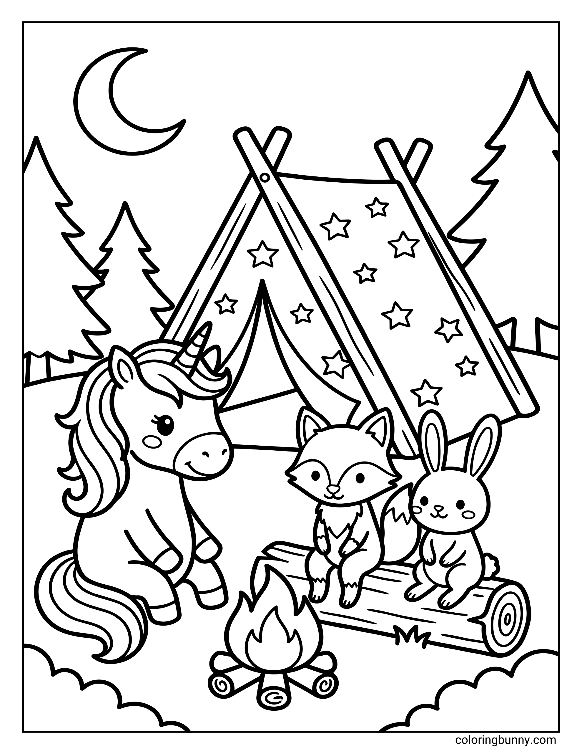 A unicorn coloring page showing a smiling unicorn sitting by a campfire with woodland friends, a fox and a bunny, camping at night beside a star-covered tent, with pine trees and a crescent moon in the background.