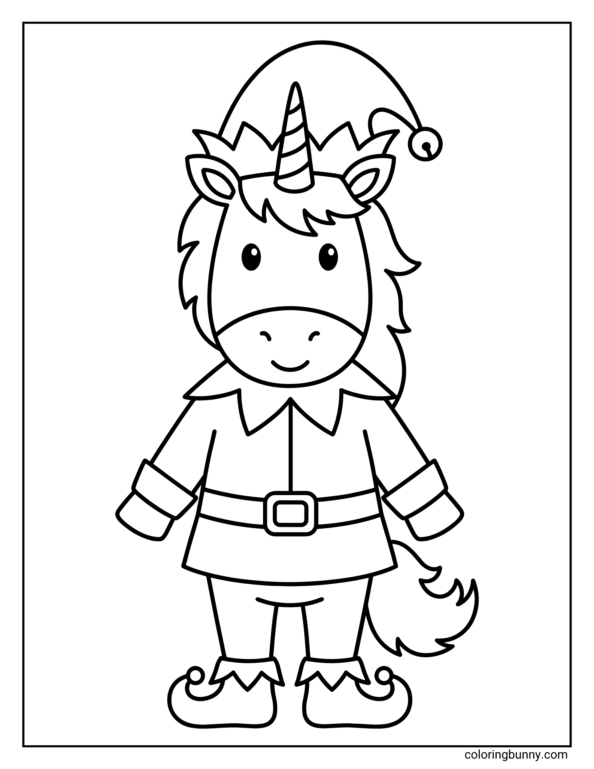 A simple and easy Unicorn Christmas coloring page featuring a cute unicorn dressed as a Christmas elf, wearing a festive hat, tunic, belt, and curled elf shoes.